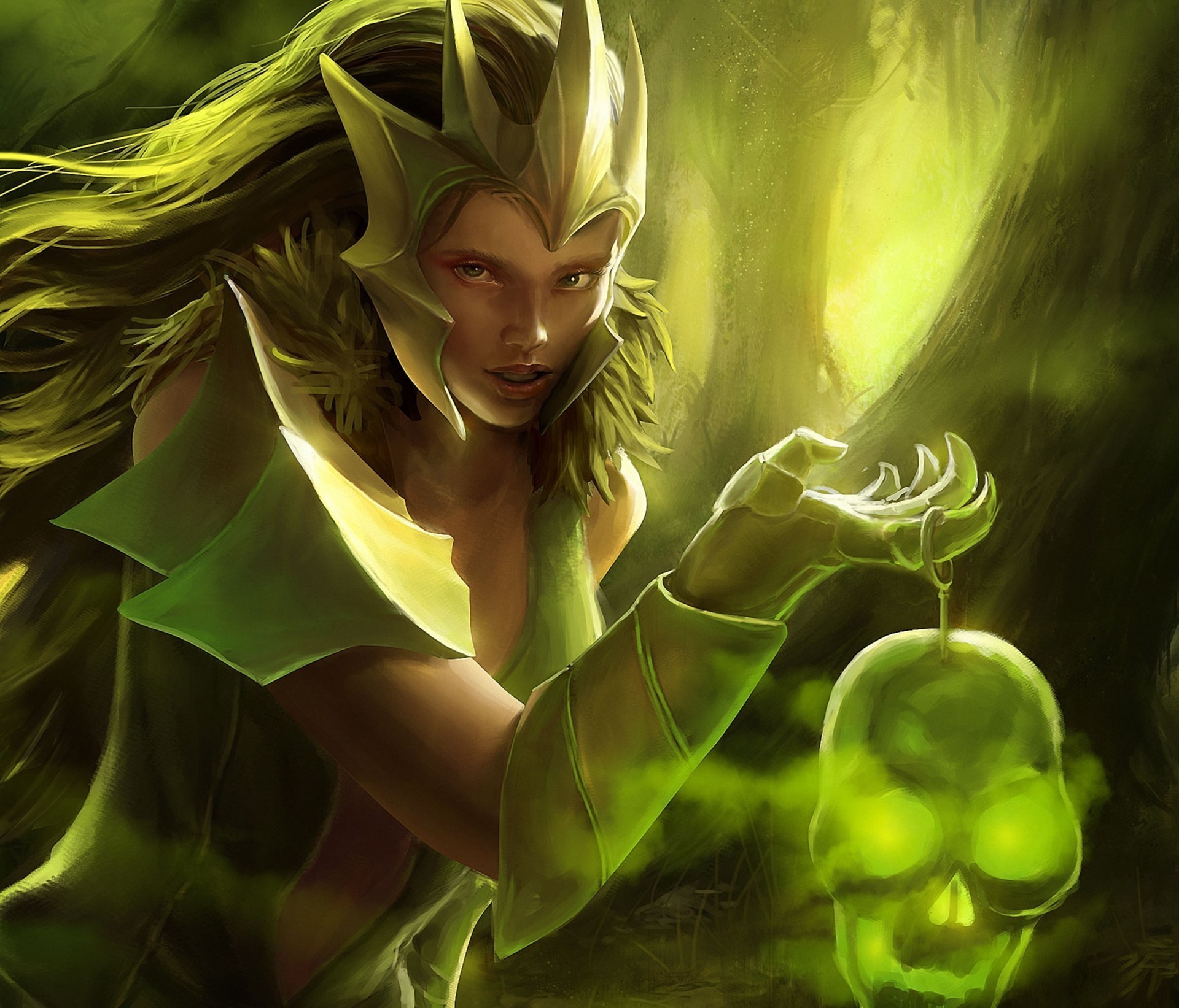 Warrior woman with skull lantern in forest HD Wallpaper