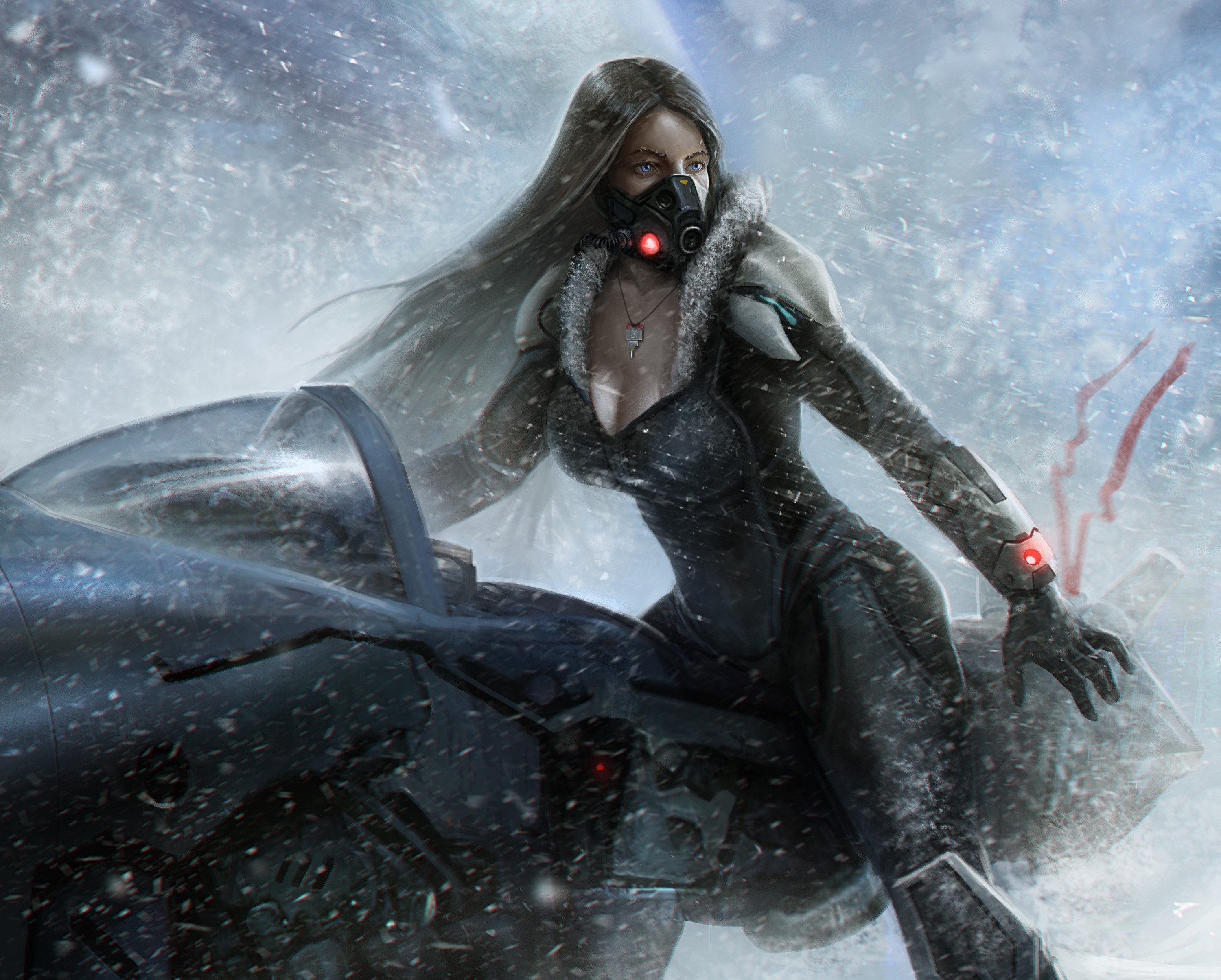 Woman in futuristic gear on a snowmobile in snow HD Wallpaper