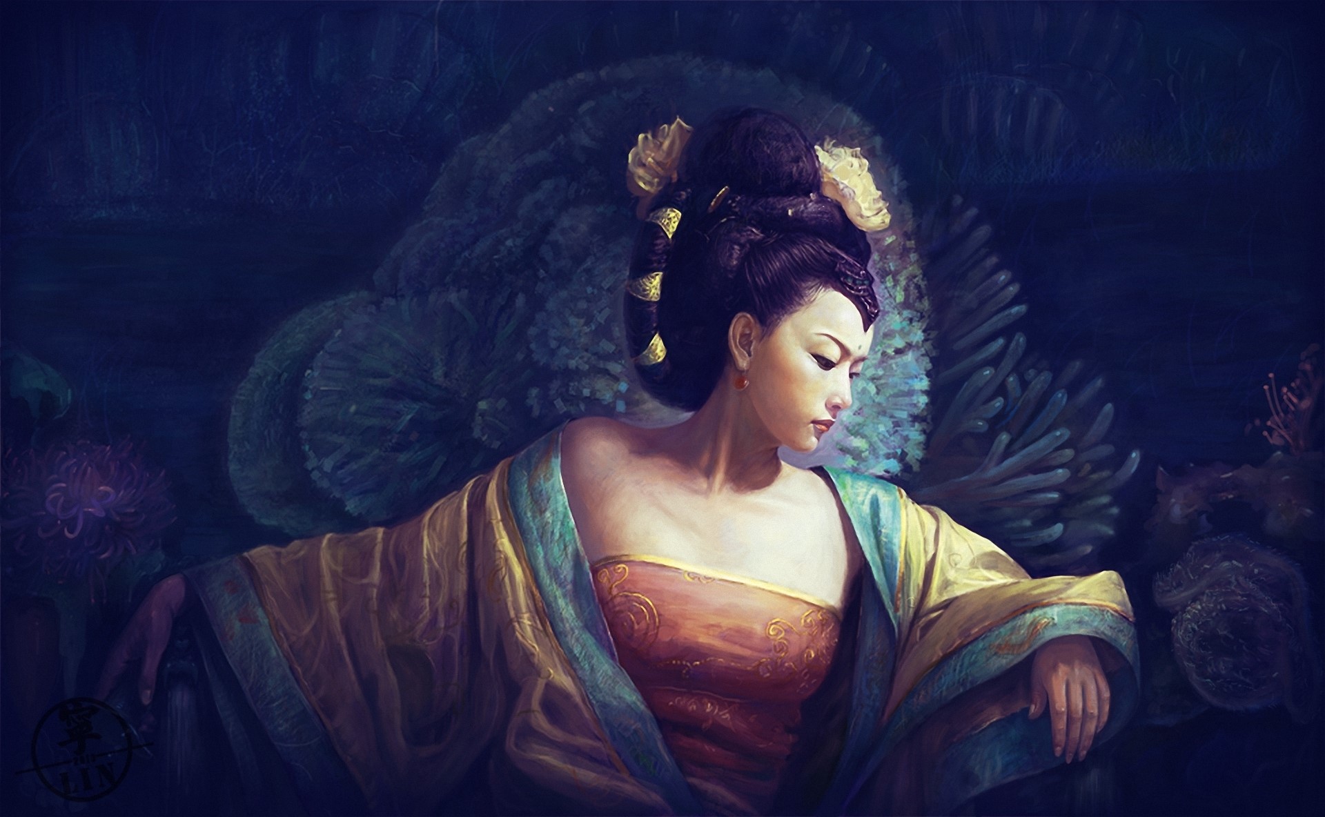 Painting of an Asian woman in traditional attire HD Wallpaper