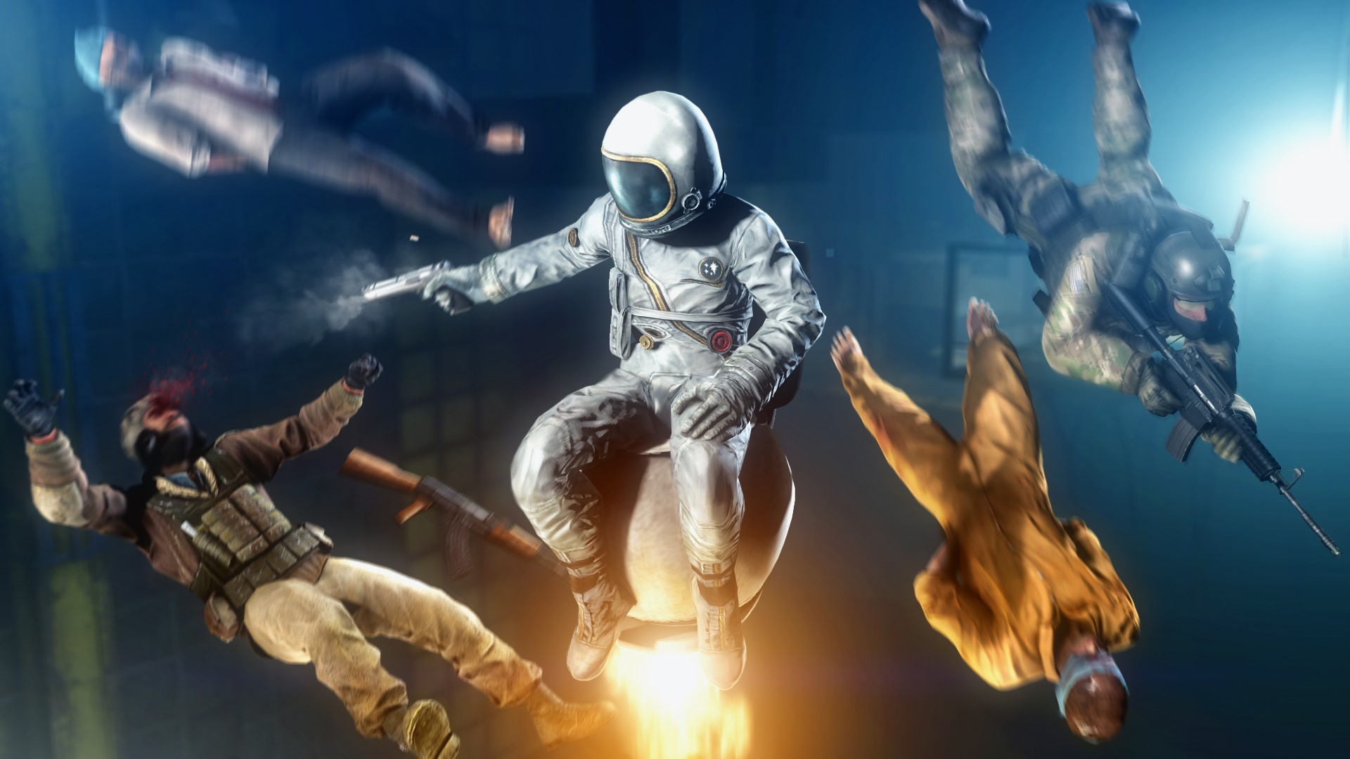 Astronaut riding a rocket with soldiers falling HD Wallpaper