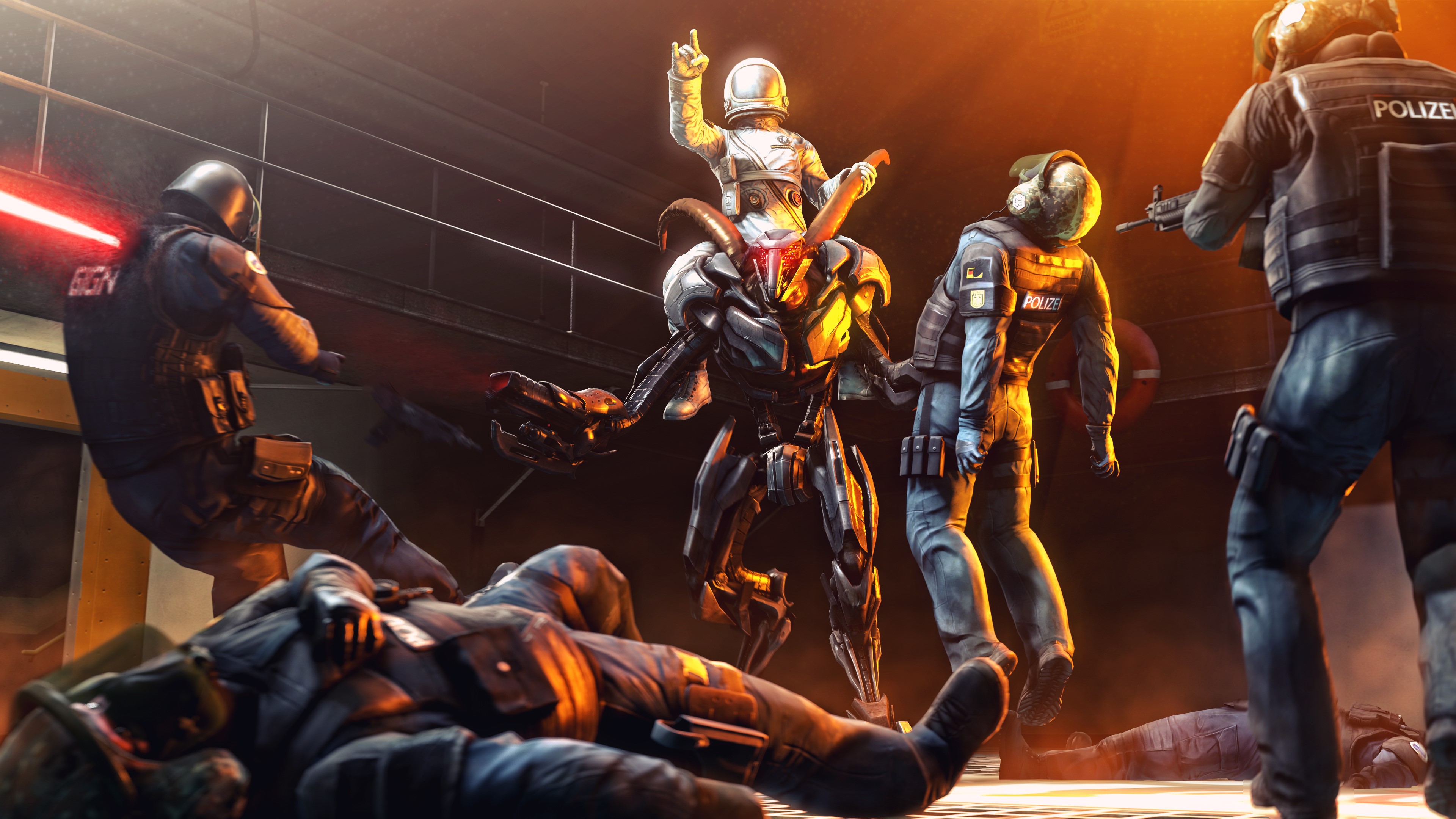 Robot with Cosmonaut and Police Officers in Battle HD Wallpaper