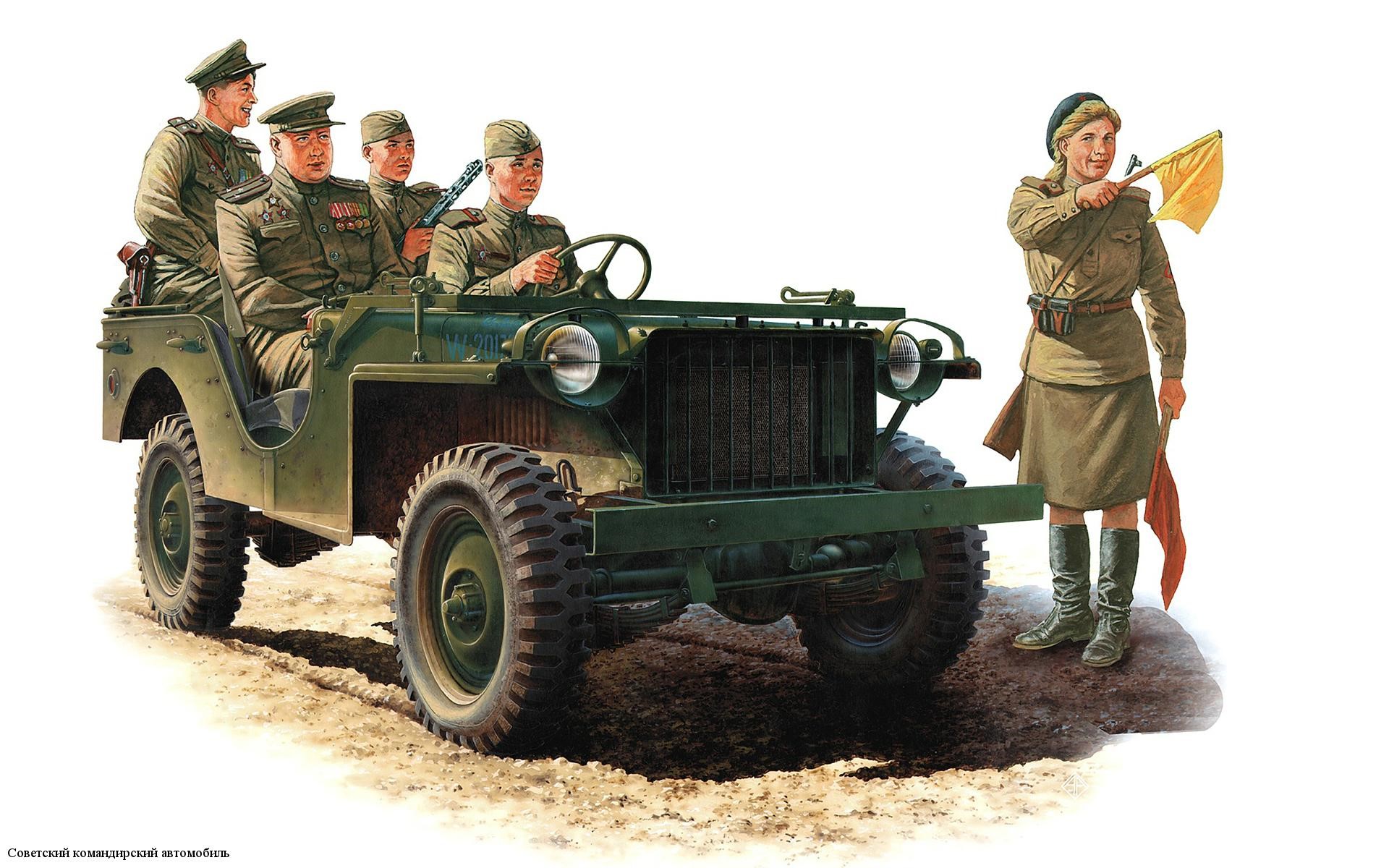 Soviet soldiers in a jeep with a signalwoman HD Wallpaper