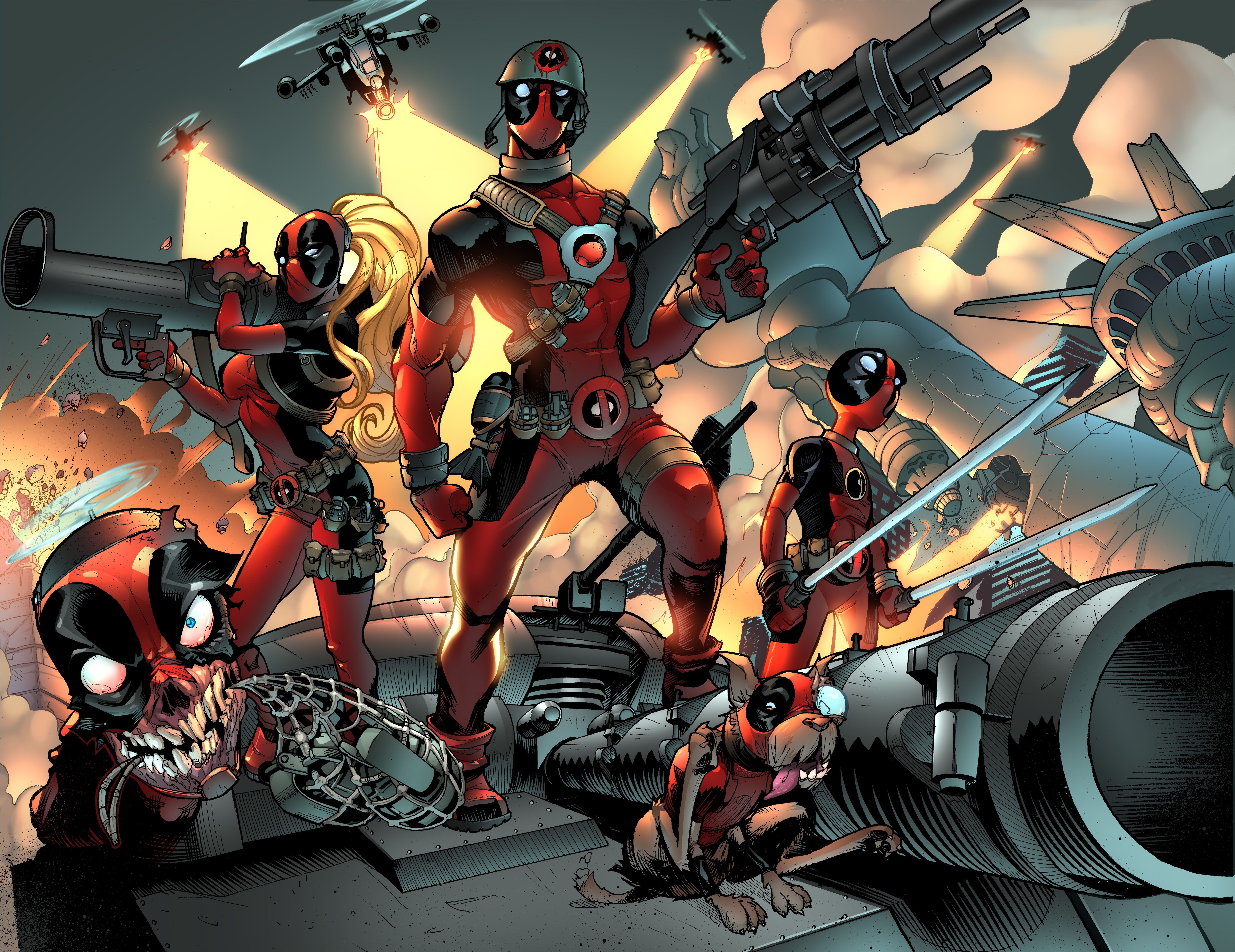 Deadpool and his team with weapons HD Wallpaper