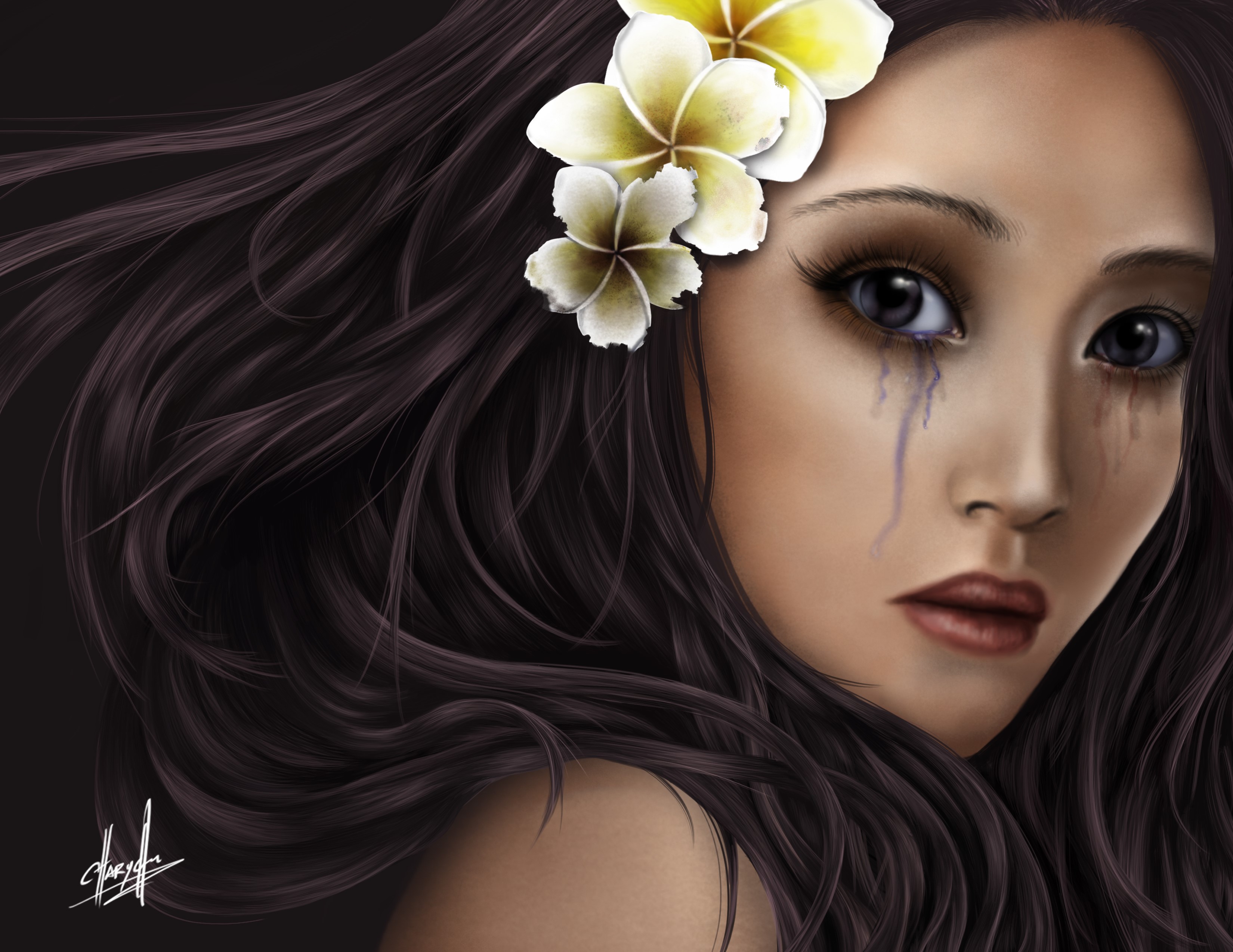 Brunette girl with plumeria flowers in hair crying HD Wallpaper