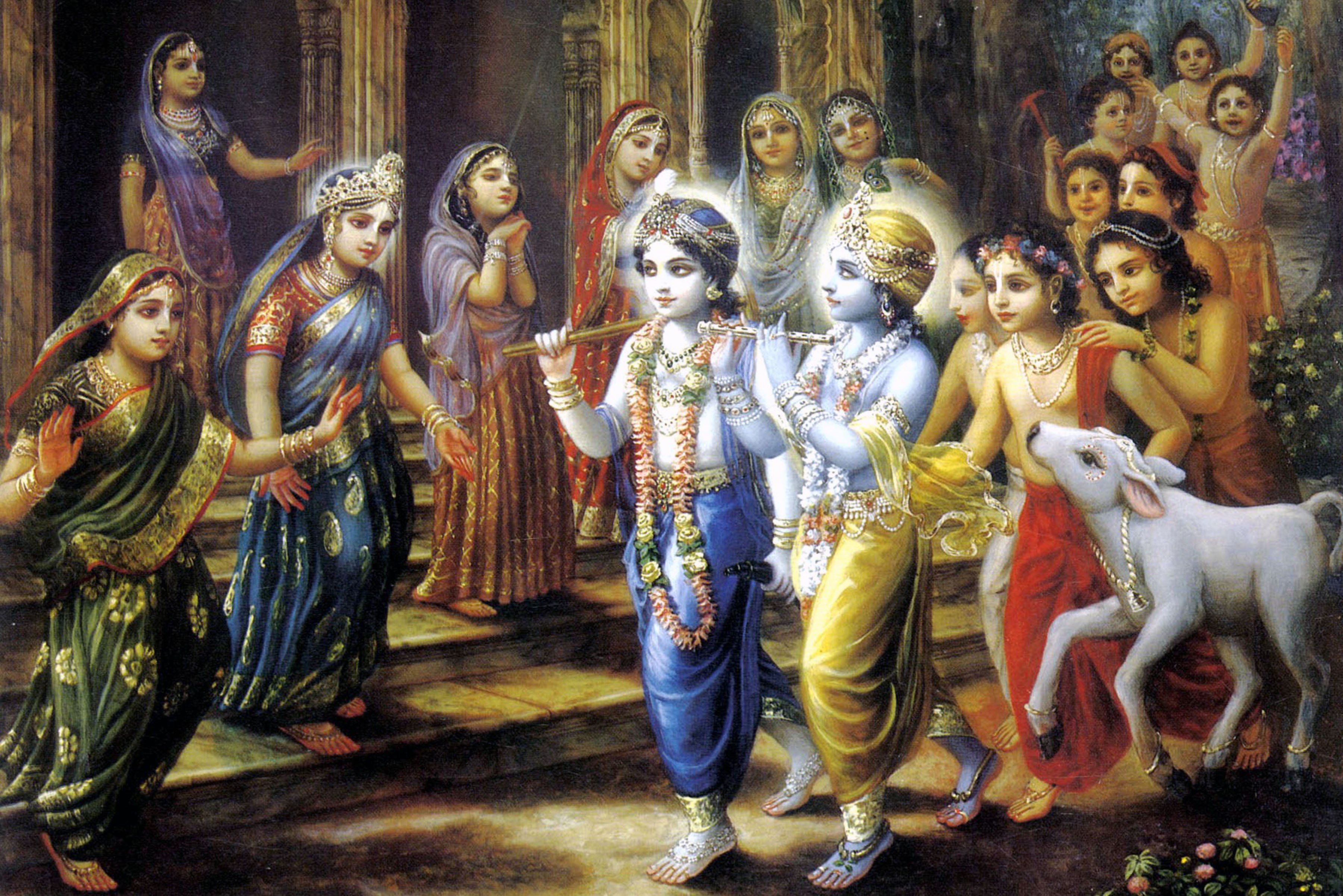 Lord Krishna and Balarama with Gopis and a Calf in India HD Wallpaper