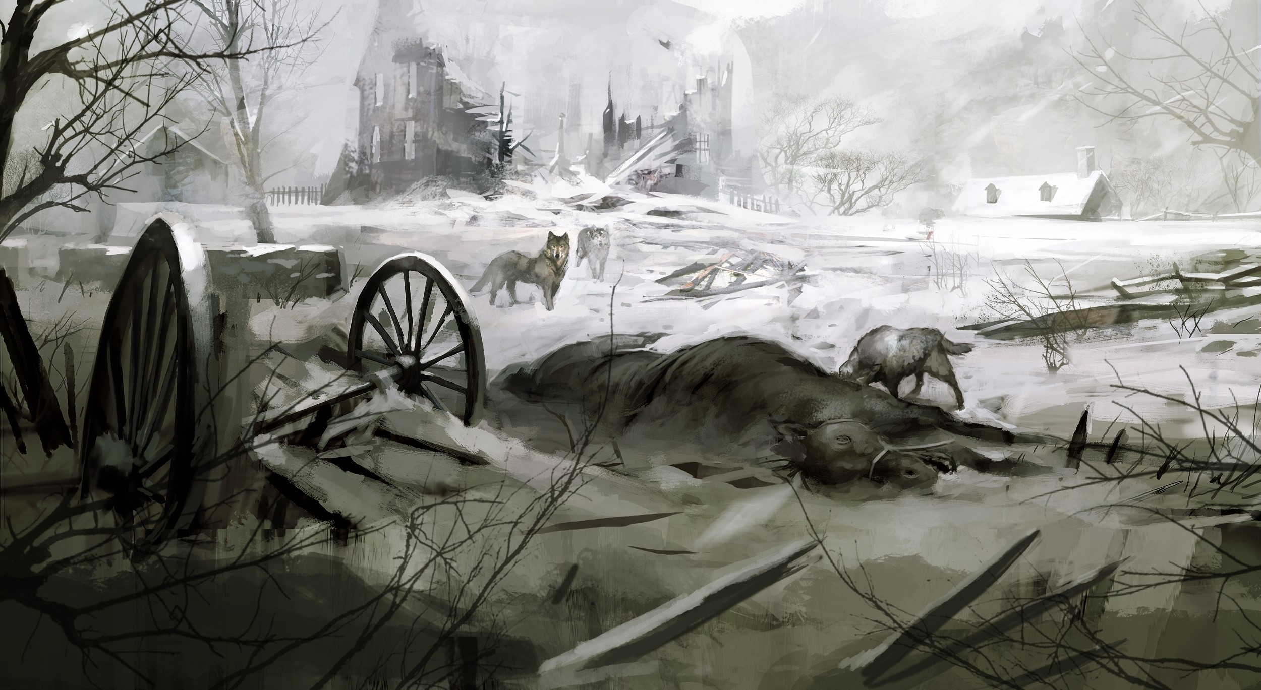 Assassin's Creed 3: Wolves scavenging in a snowy village ruin HD Wallpaper