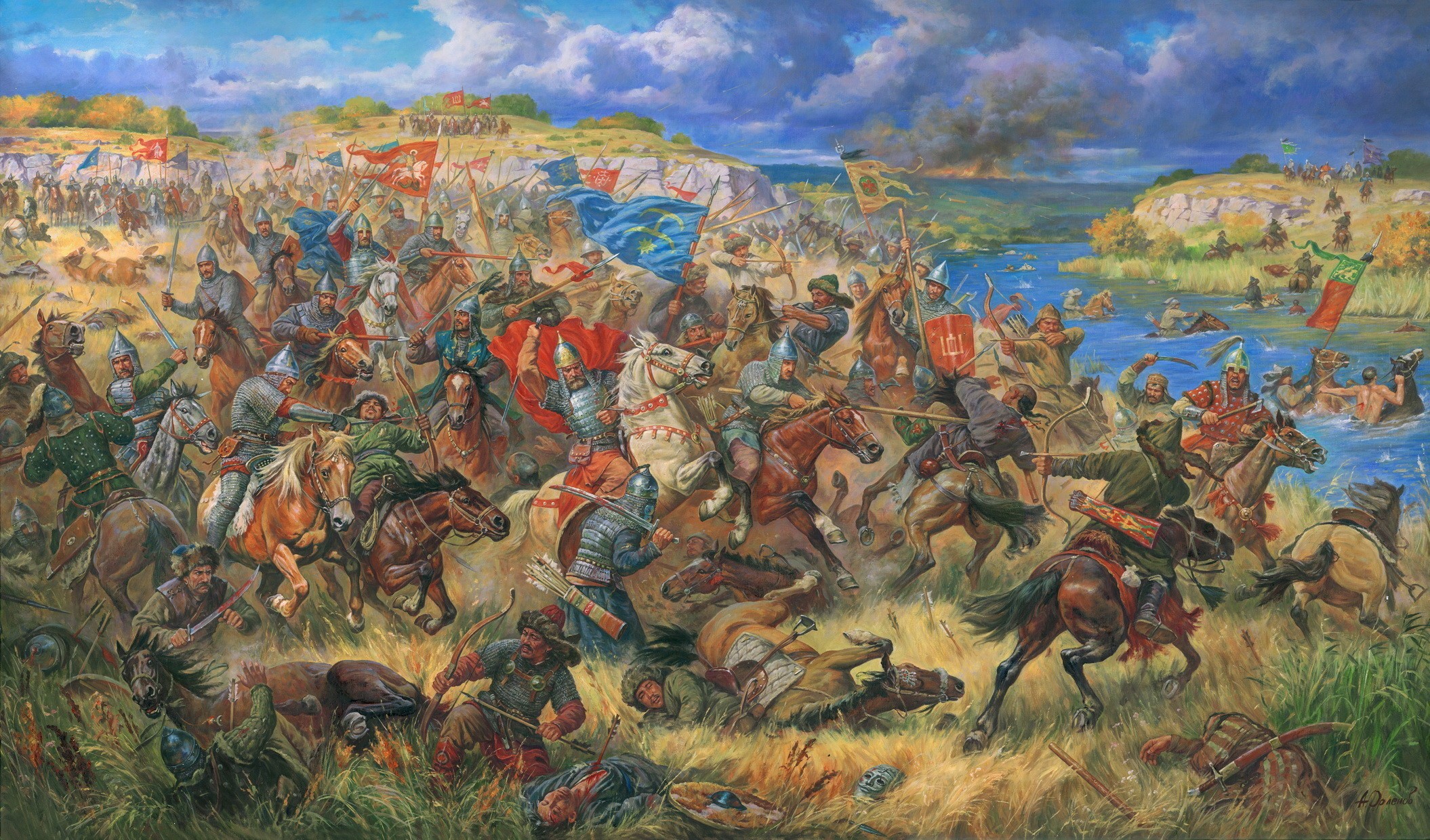Battle scene with cavalry and infantry fighting near a river HD Wallpaper