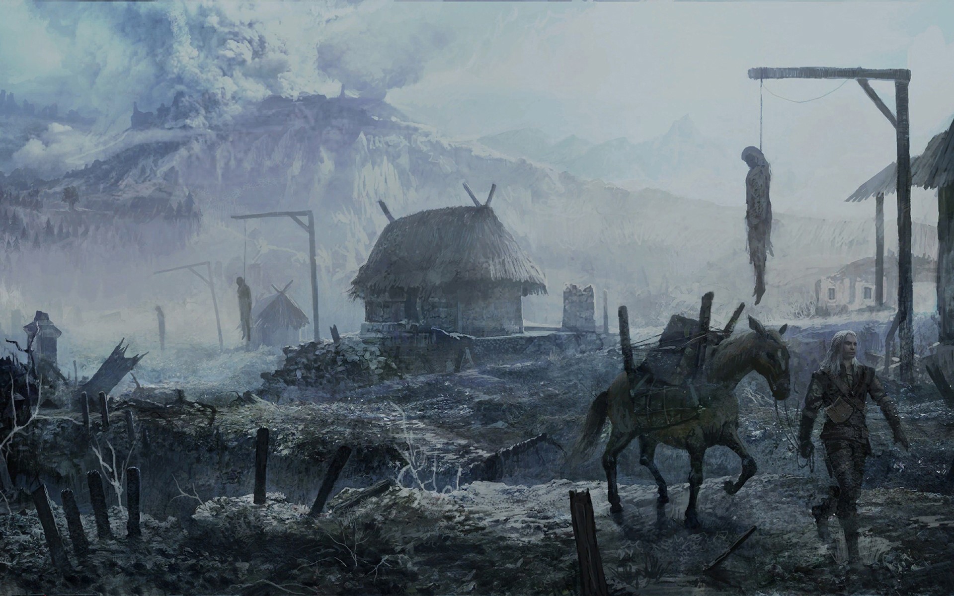 Geralt of Rivia from The Witcher with a horse in a desolate village HD Wallpaper