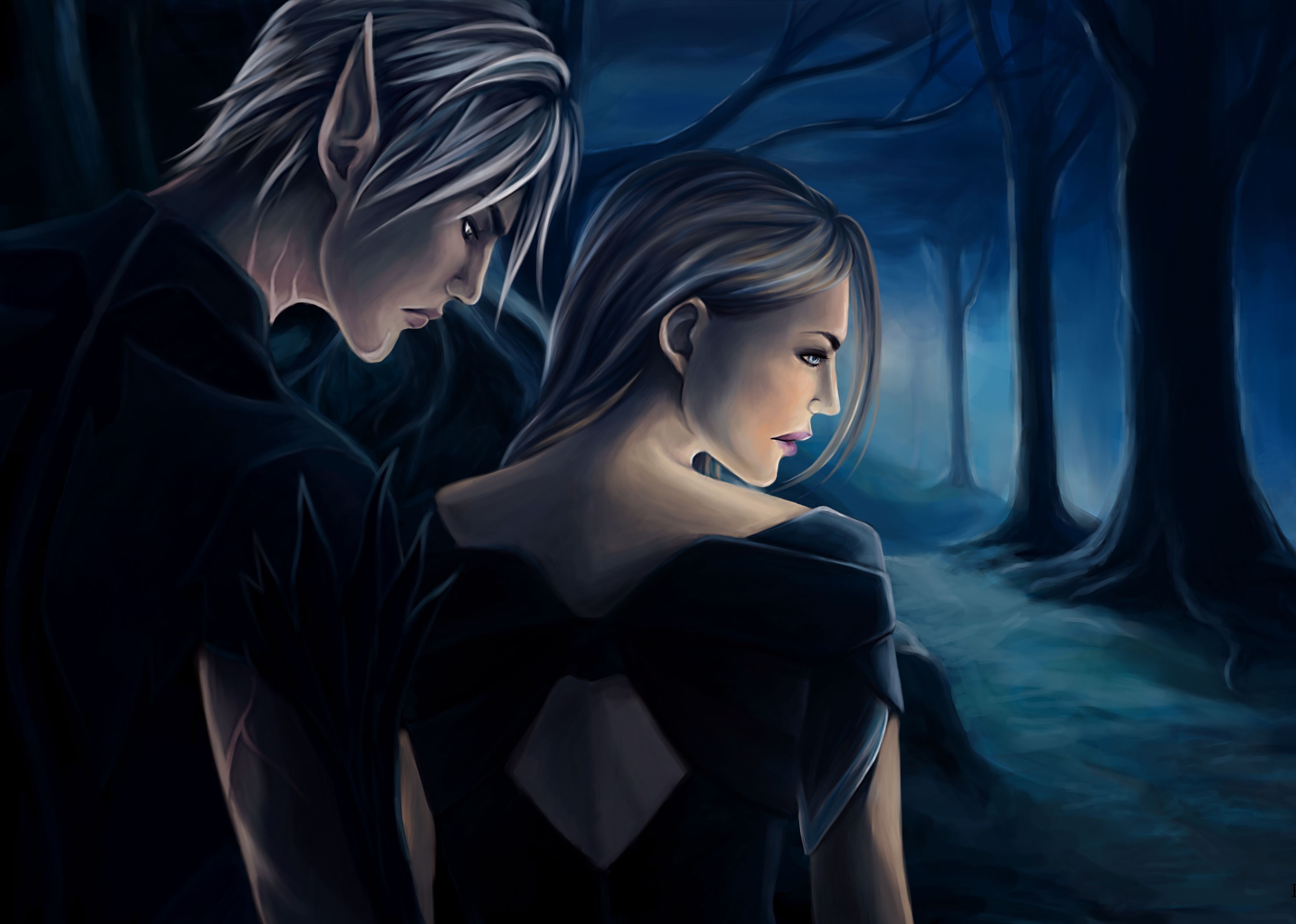 Elf man and woman in a dark forest HD Wallpaper