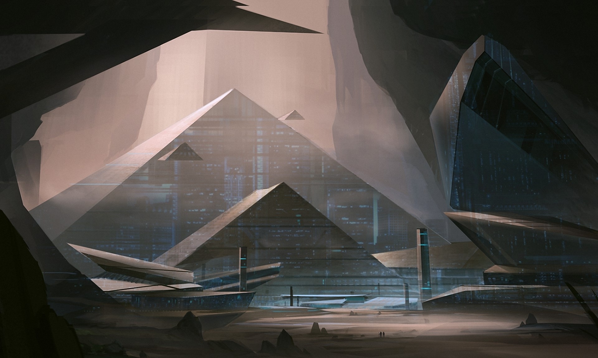 Futuristic pyramids in a rocky alien landscape HD Wallpaper