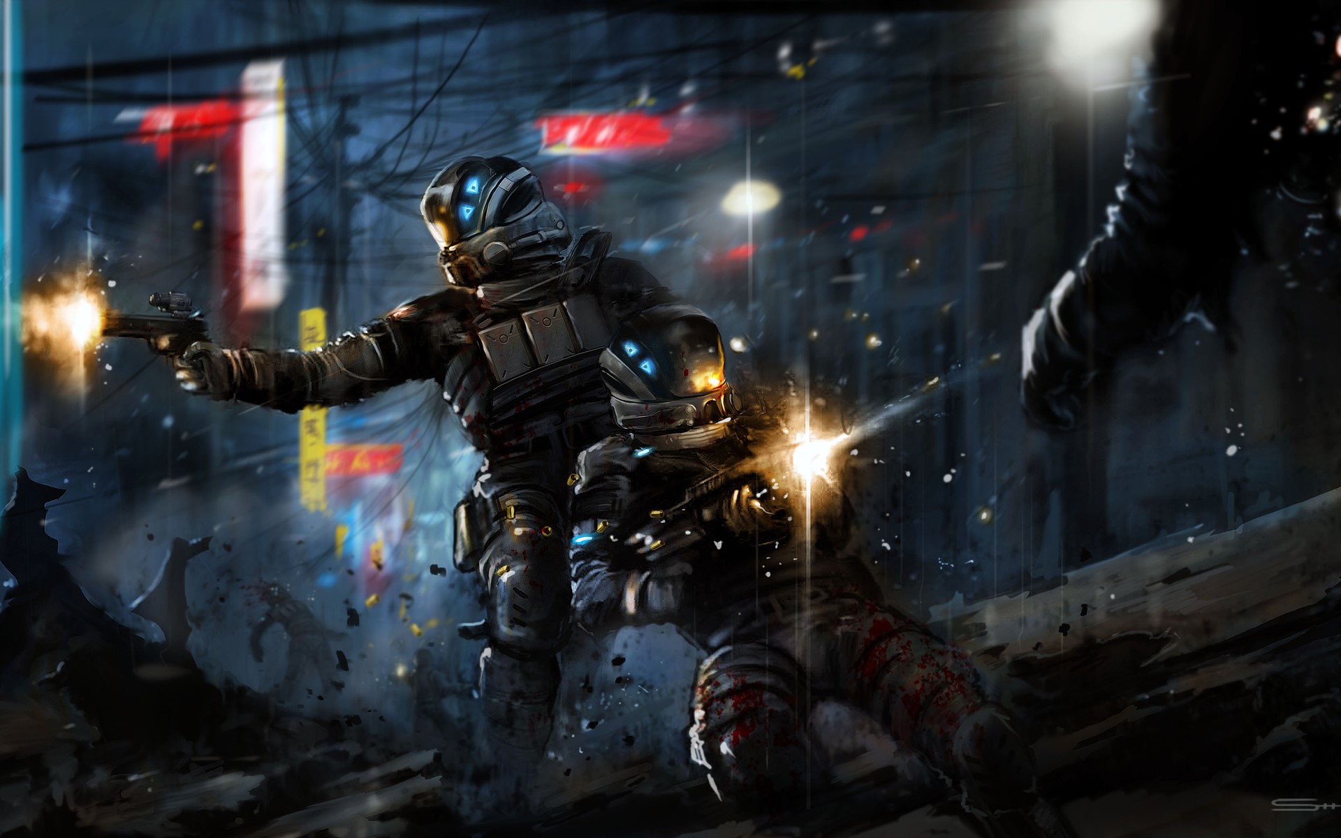 Soldiers in futuristic armor firing weapons in a dark city HD Wallpaper