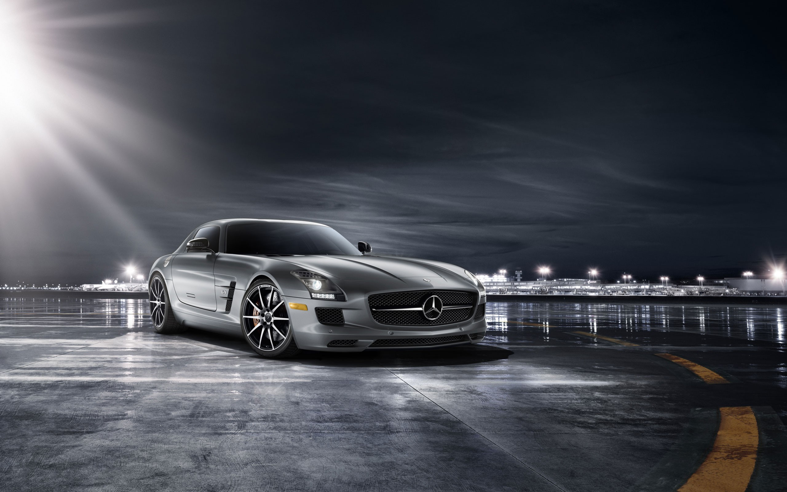 Mercedes-Benz SLS AMG on an airport tarmac at night HD Wallpaper