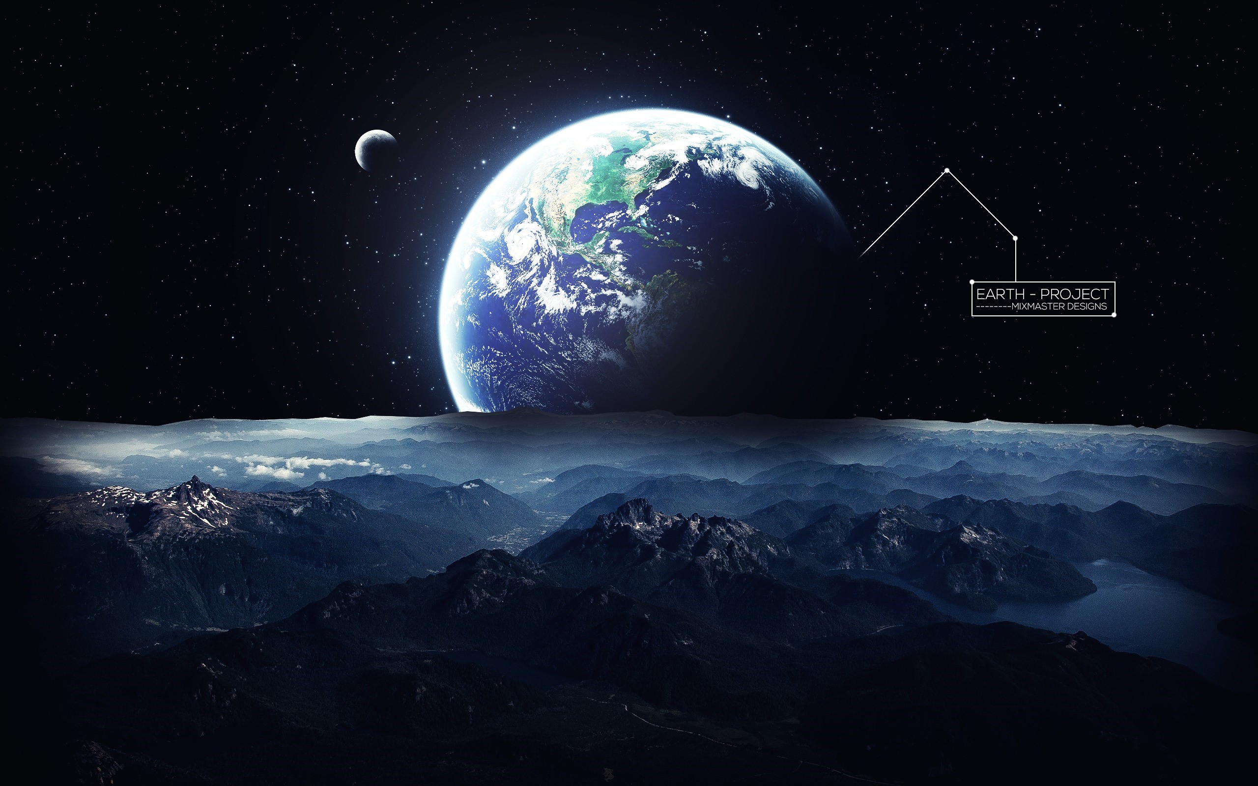 Earth and Moon from a Mountainous Alien Planet HD Wallpaper