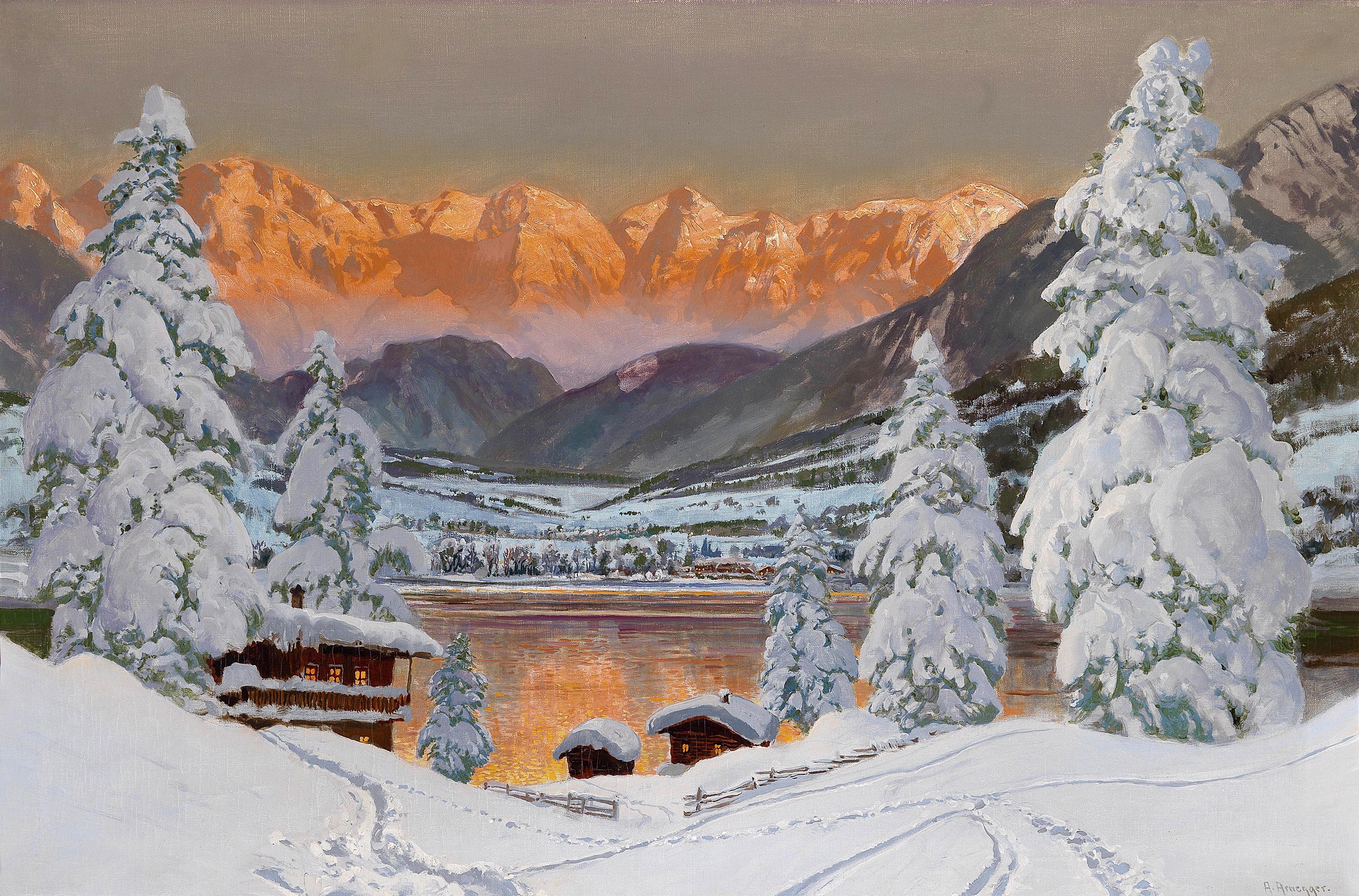 Winter Landscape with Mountains and Lake by Alois Arnegger HD Wallpaper