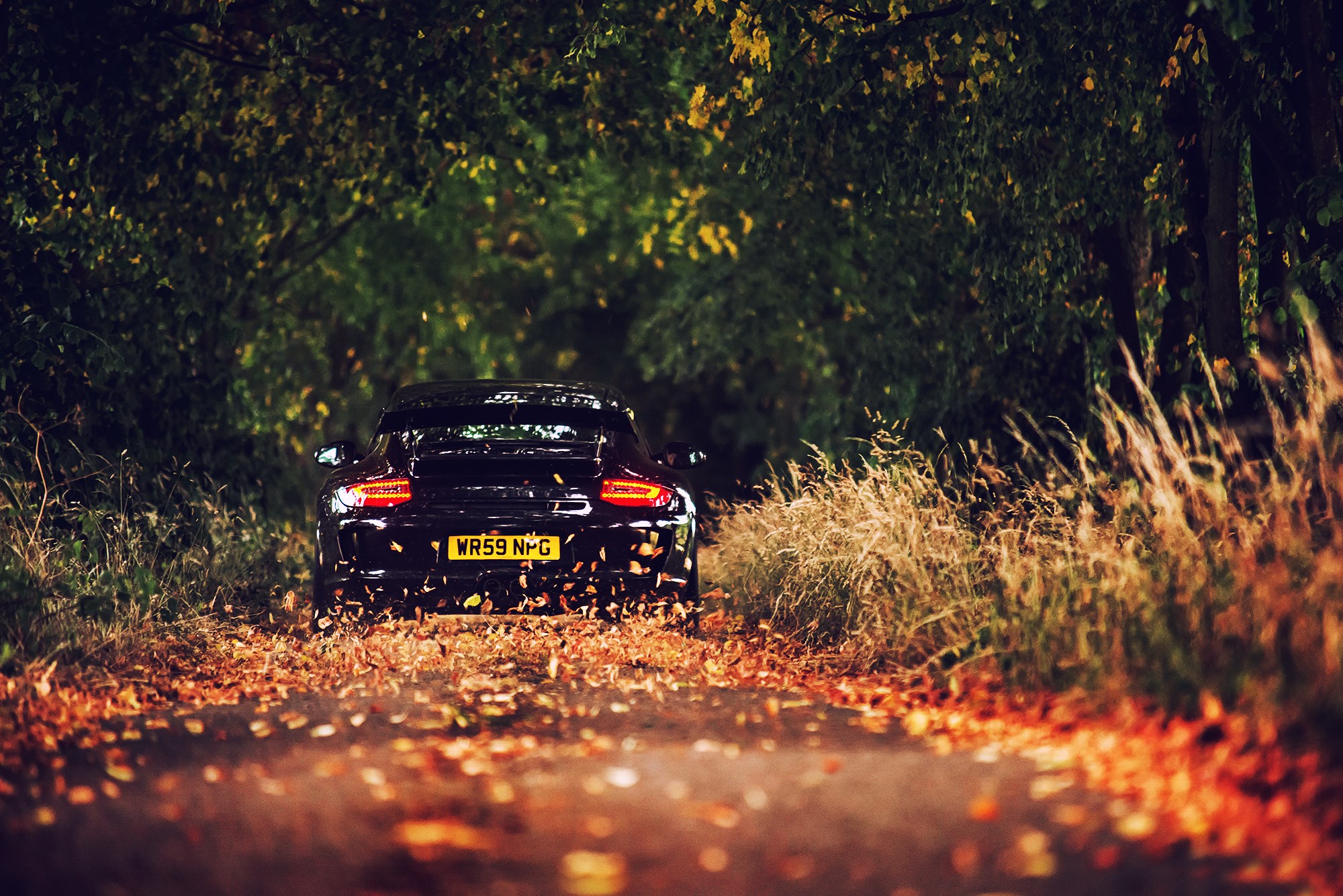 Black Porsche 911 GT3 on an autumn road HD Wallpaper