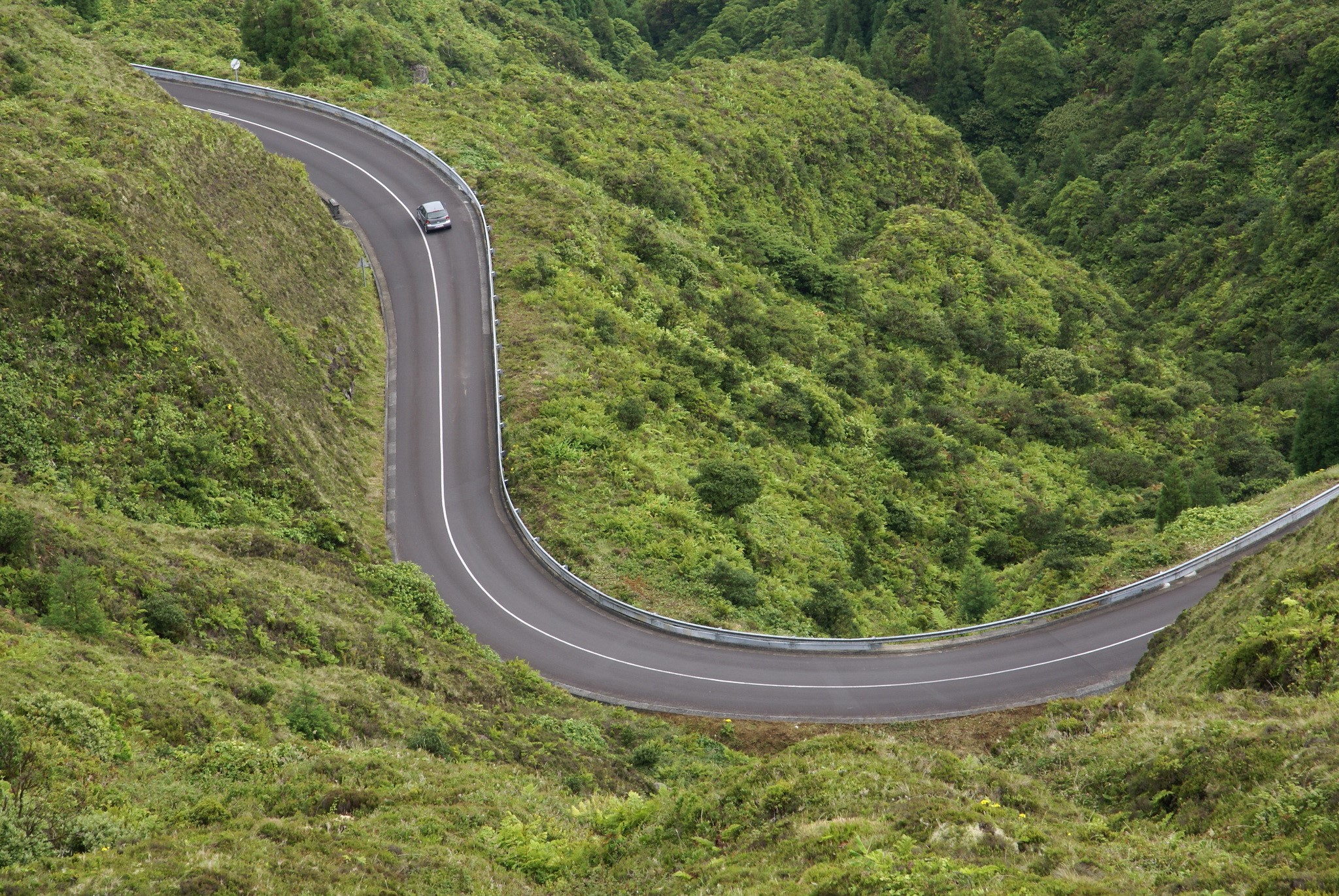 Car on a winding road in a green valley in the Azores HD Wallpaper