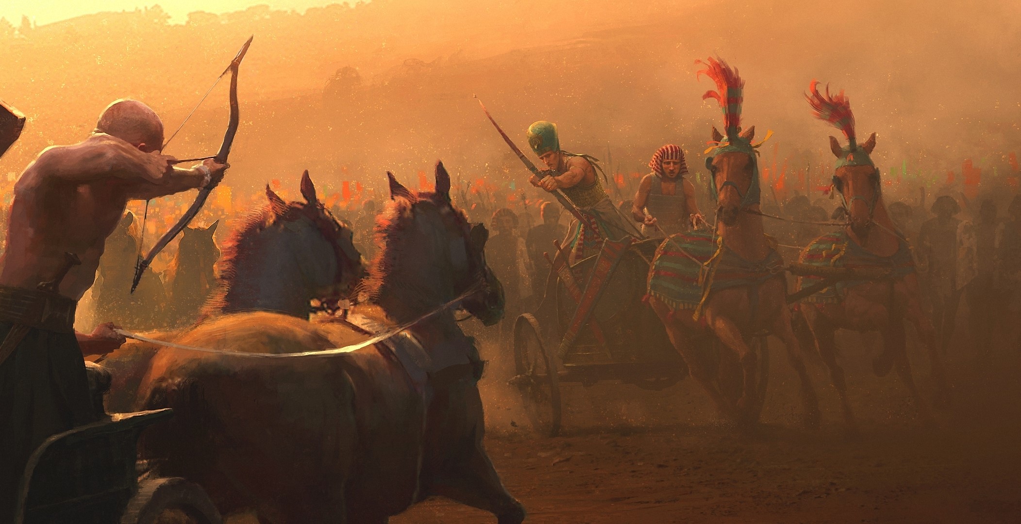Ancient battle with archers and chariots HD Wallpaper