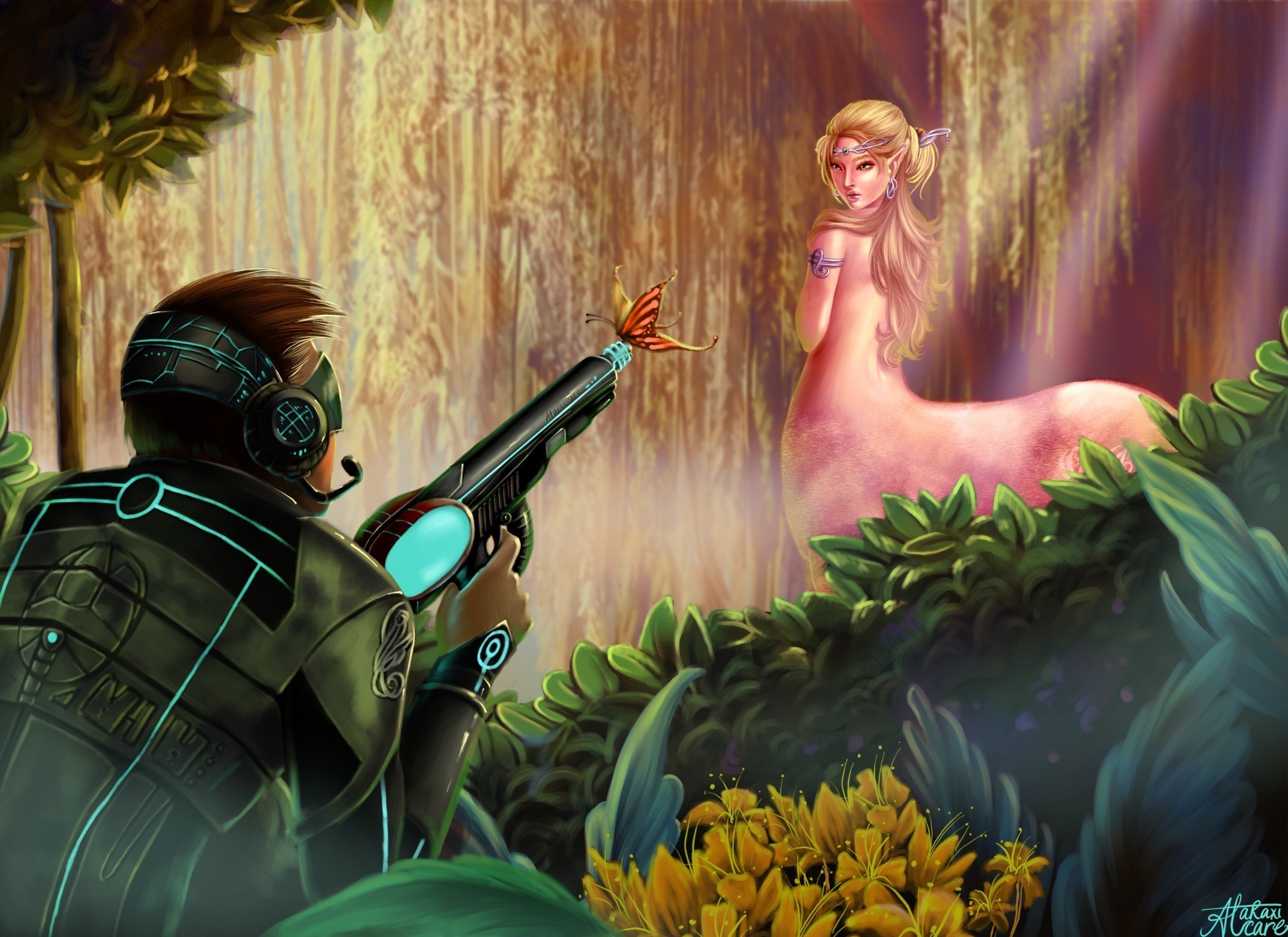 Warrior aiming pistol at a centaur in a forest HD Wallpaper