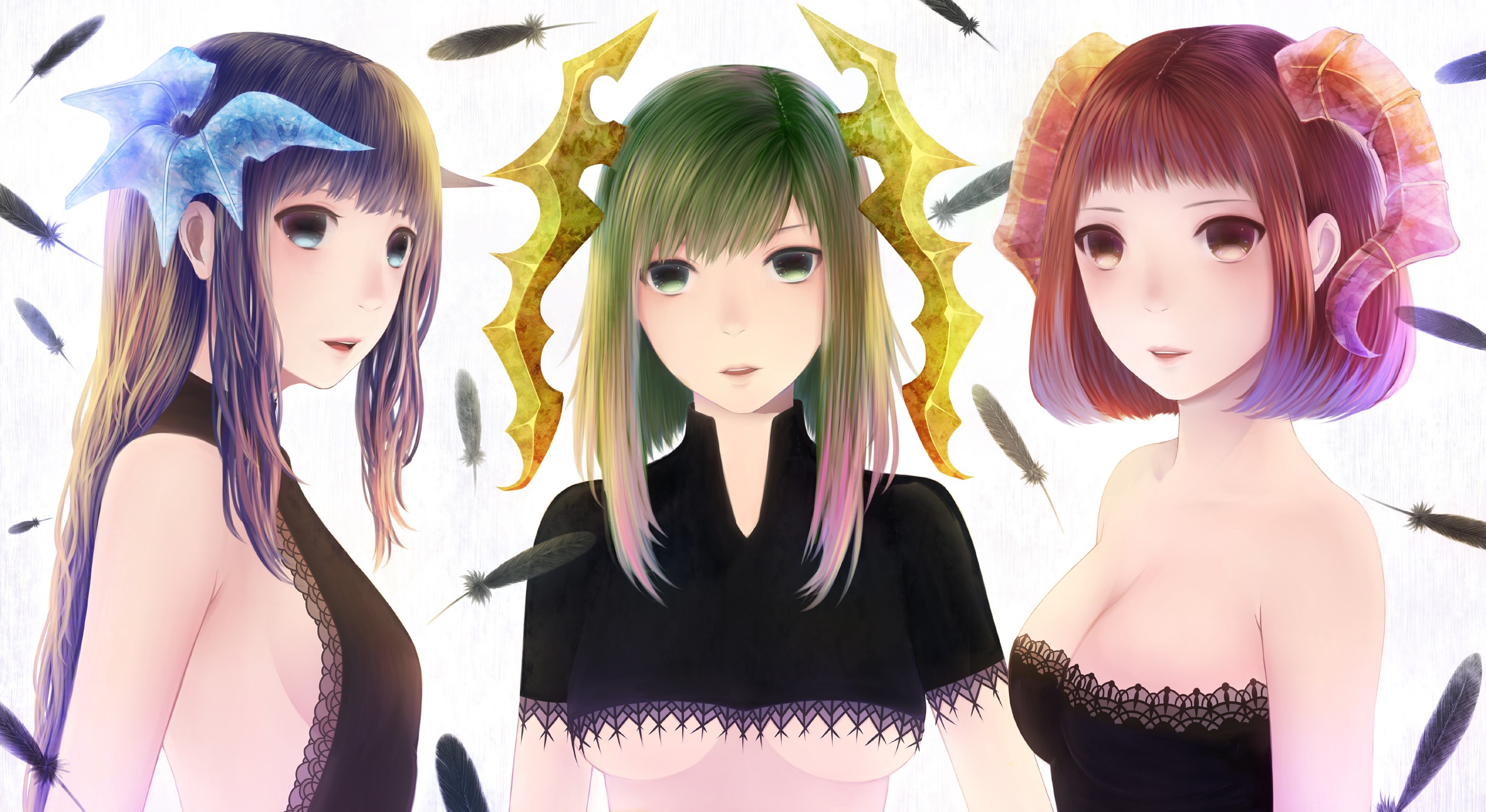 Three anime girls with horns and feathers HD Wallpaper