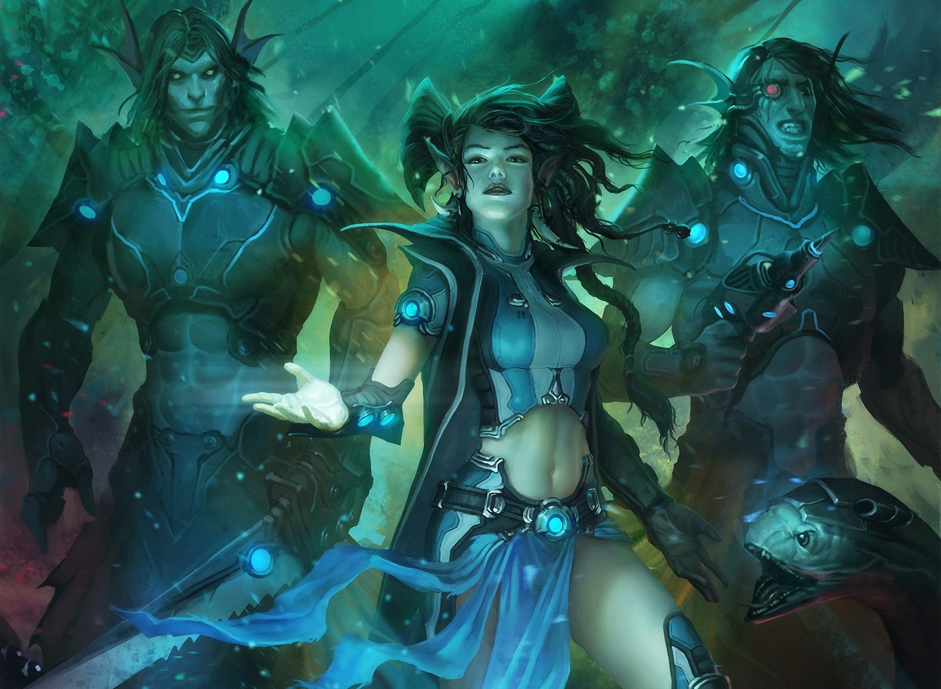 Three aquatic warriors with glowing blue accents HD Wallpaper