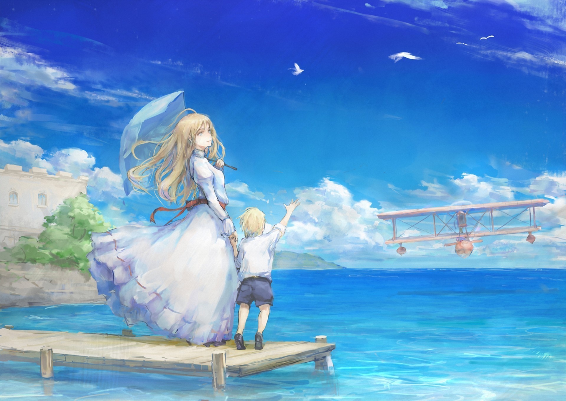 Girl with umbrella and boy on dock watching biplane HD Wallpaper
