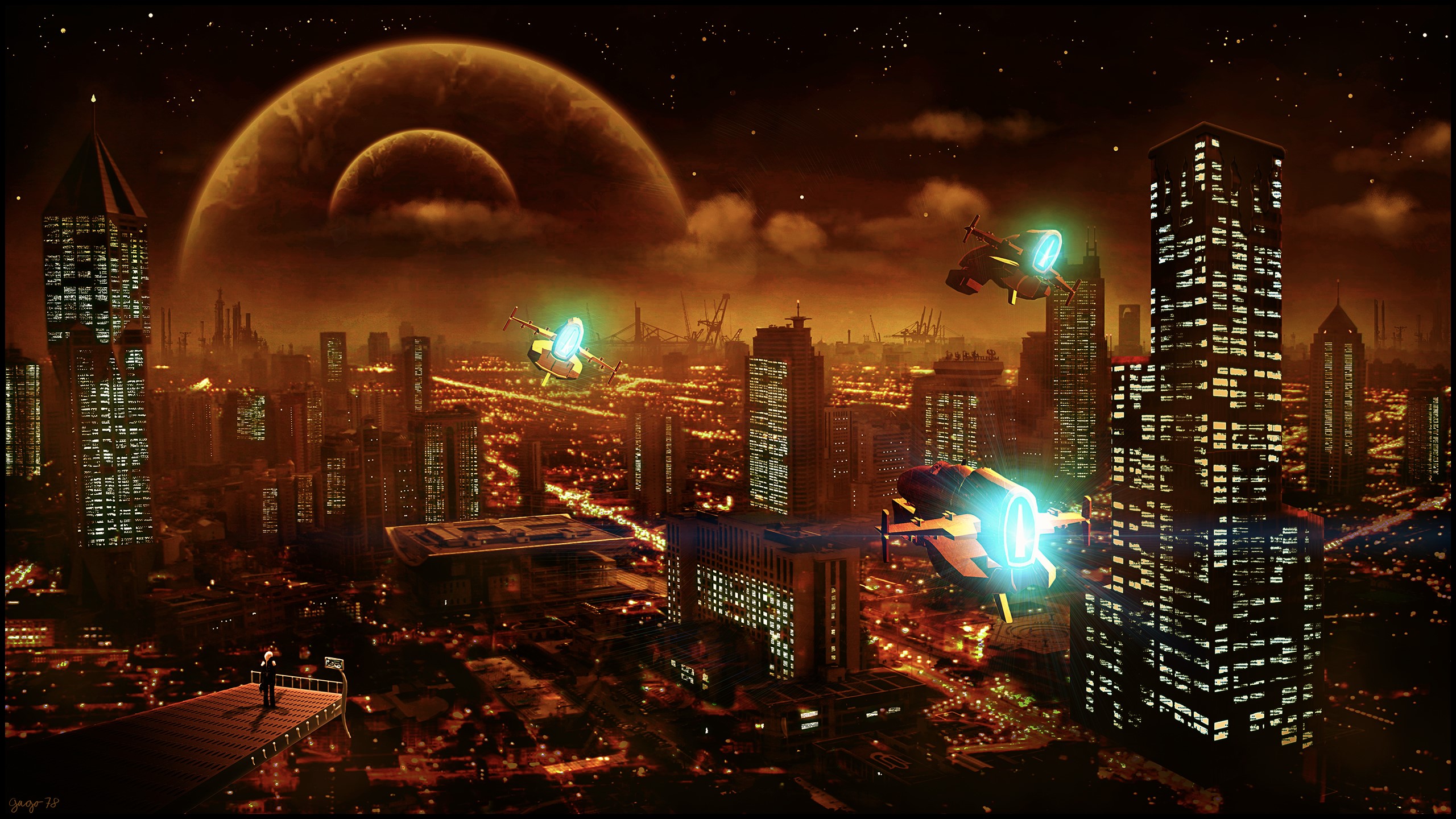 Futuristic city with flying vehicles and planets HD Wallpaper