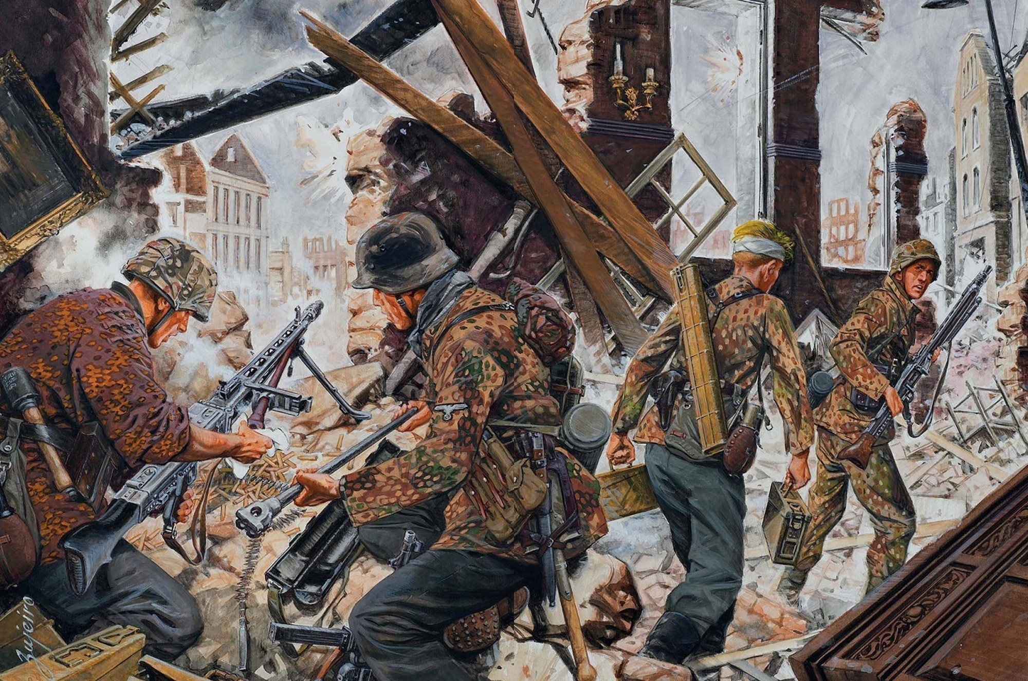 Soldiers operating a machine gun in a destroyed building HD Wallpaper