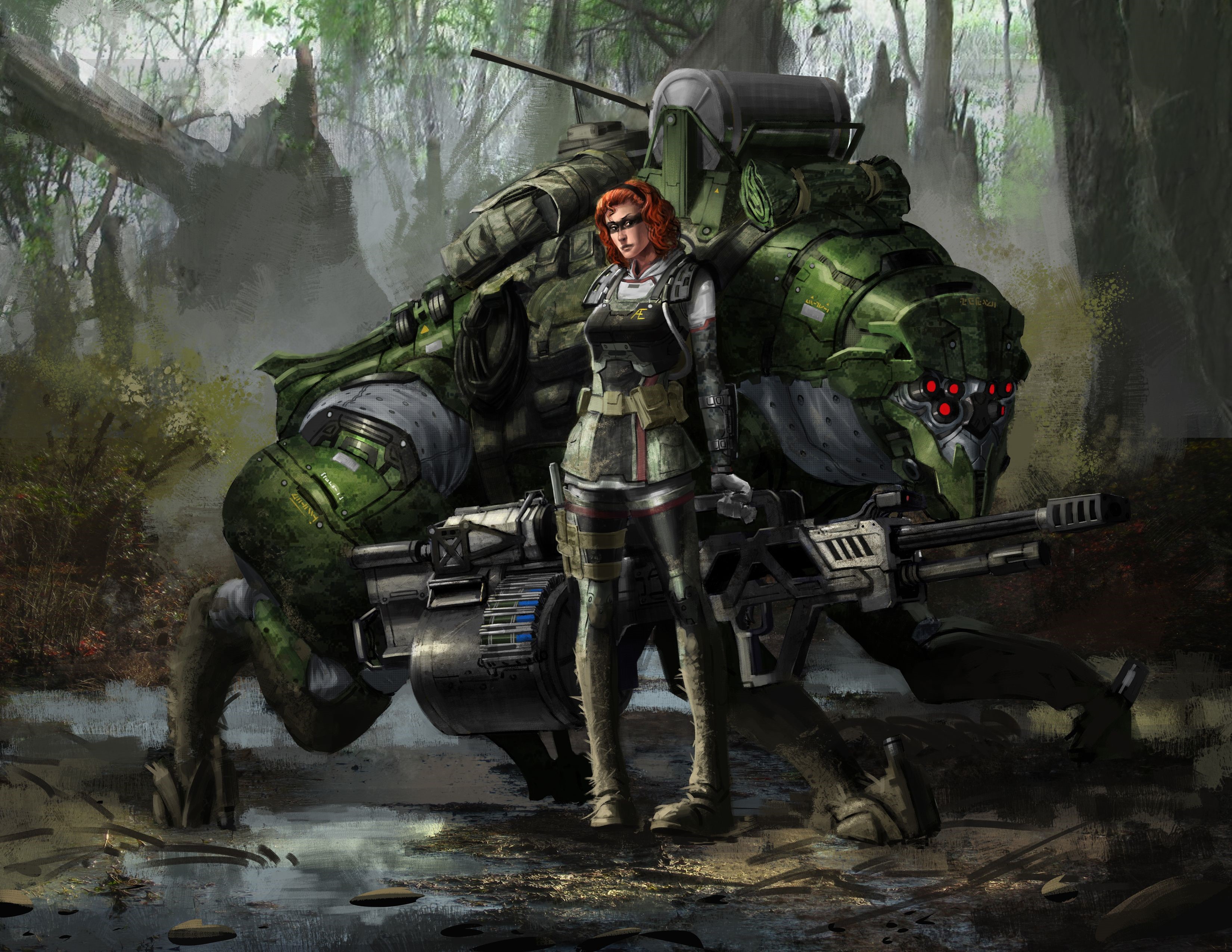 Woman with a large green mech in a forest HD Wallpaper