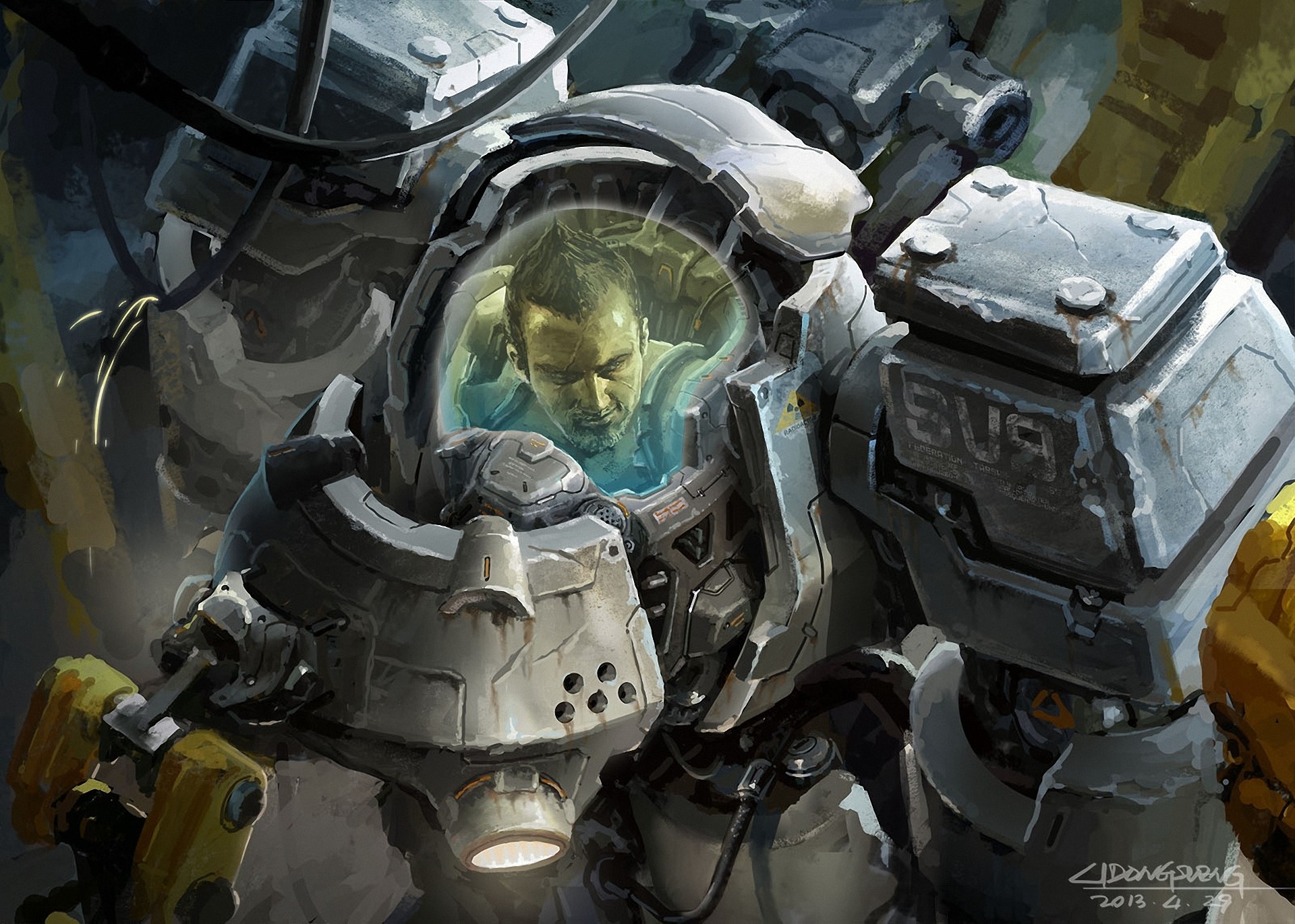 Man inside a futuristic mech suit HD Wallpaper