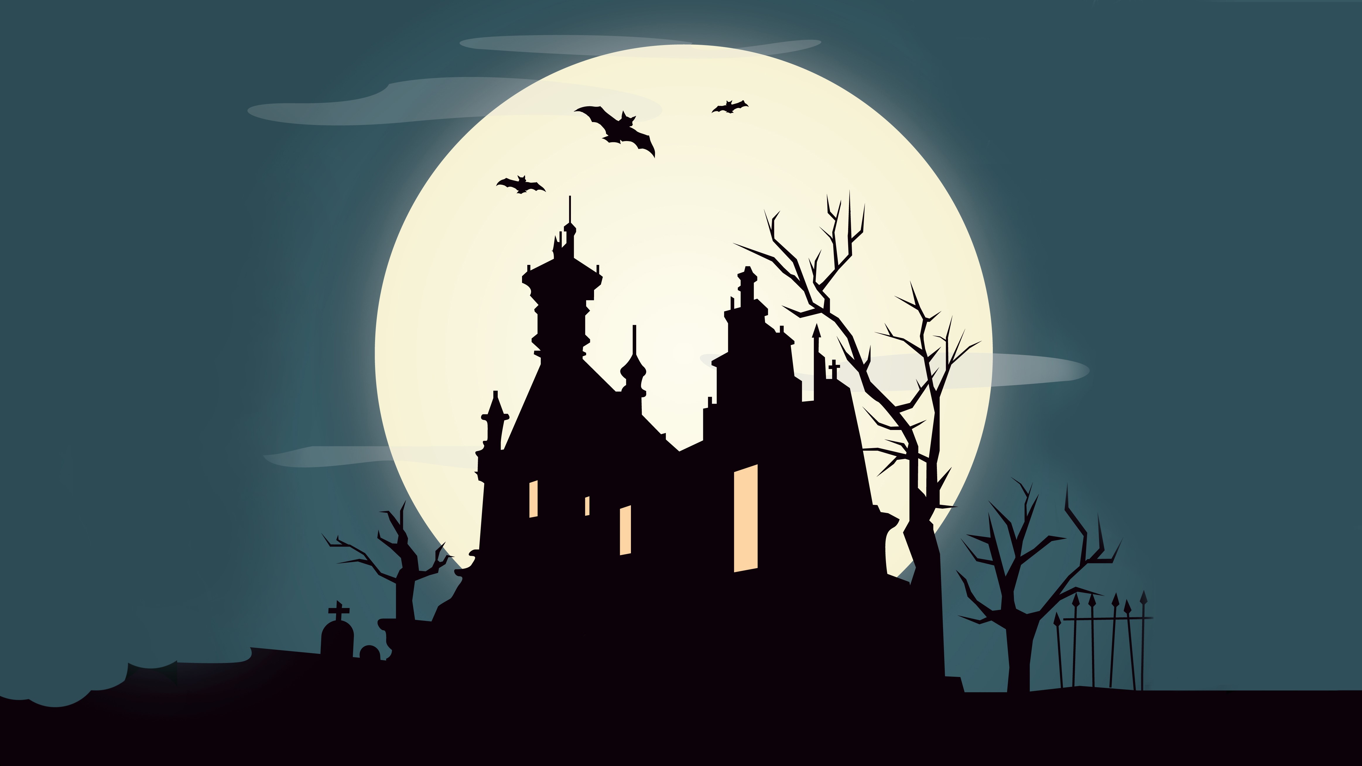 Haunted Castle Silhouette with Bats and Moon HD Wallpaper