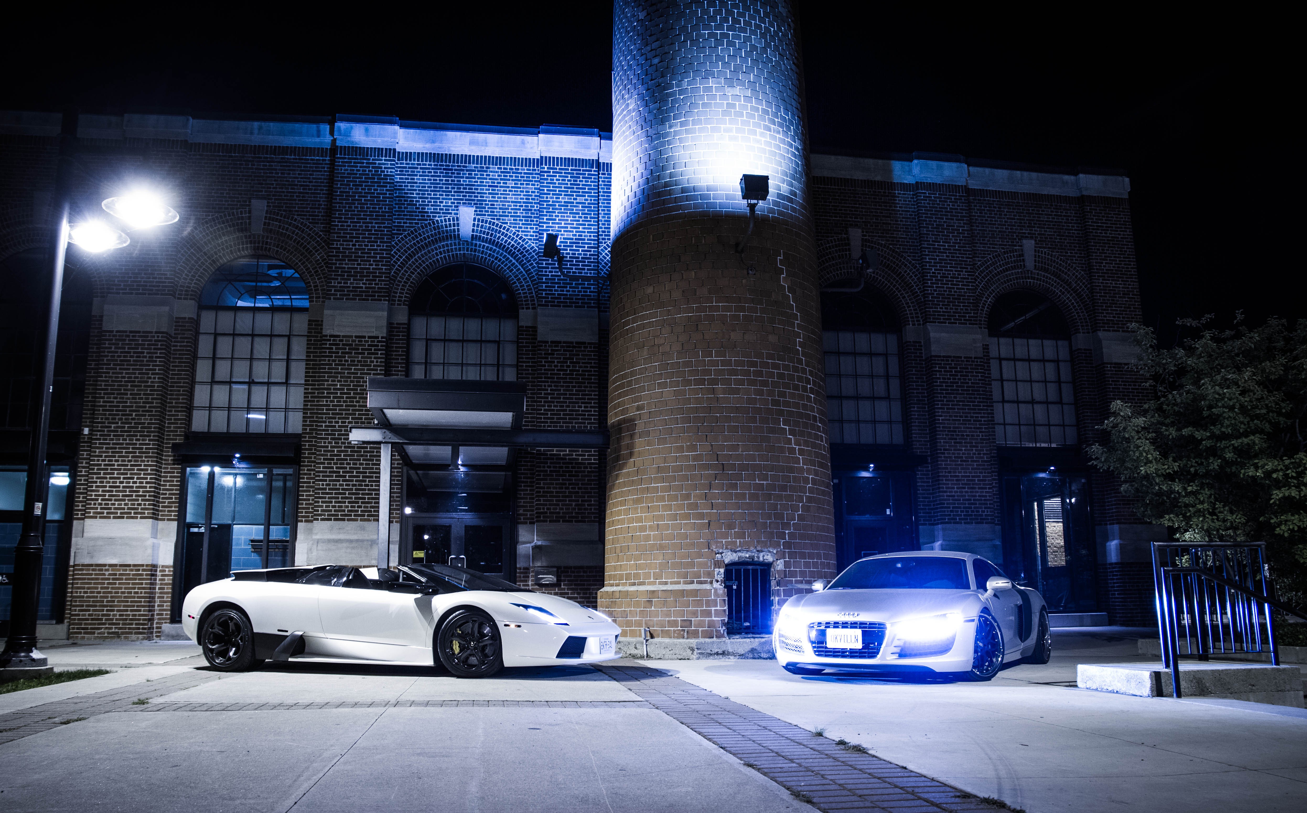 Lamborghini LP640 and Audi R8 at Night HD Wallpaper
