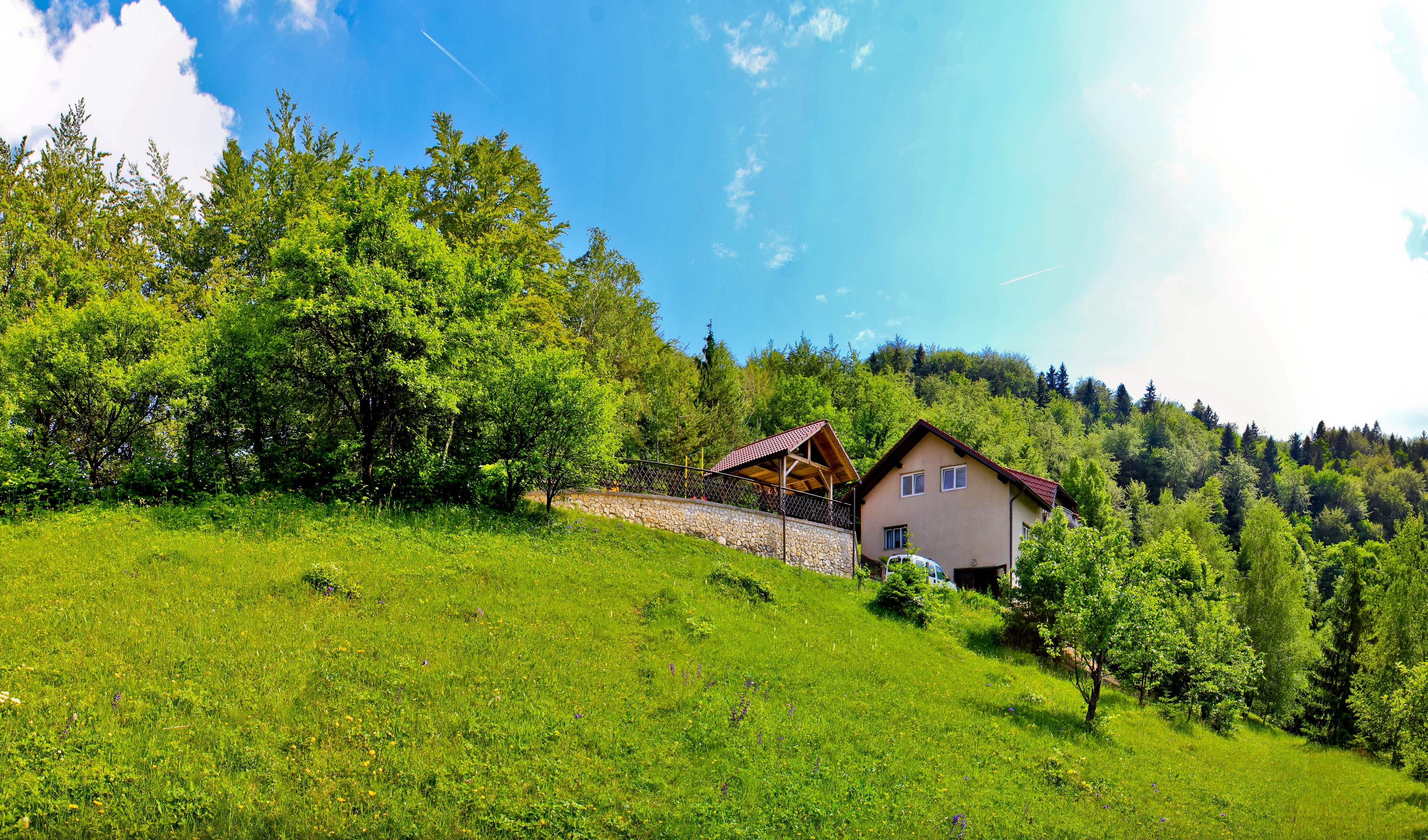 House and gazebo on a grassy hill in Trbovlje, Slovenia HD Wallpaper