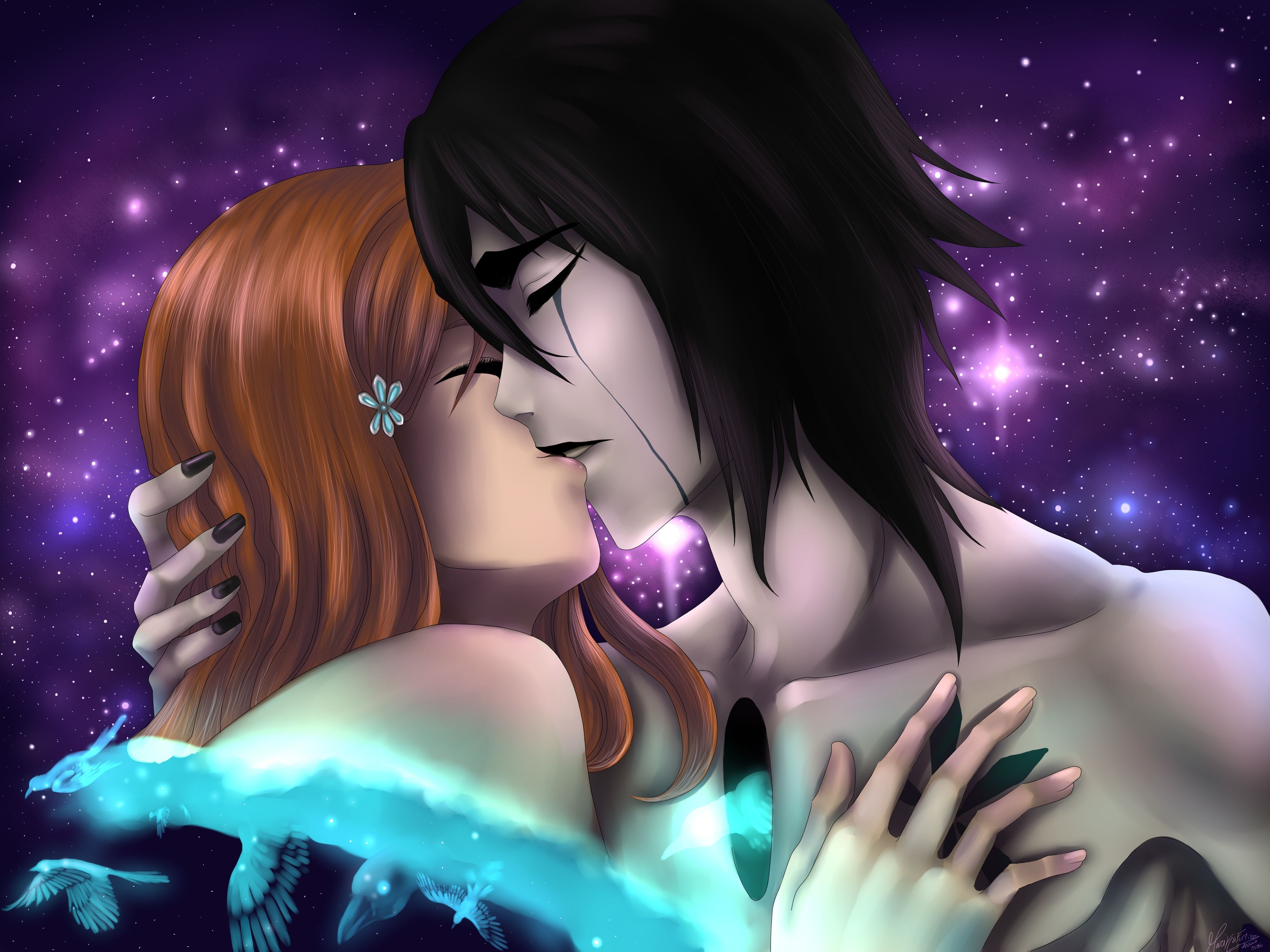 Couple kissing in a starry galaxy HD Wallpaper