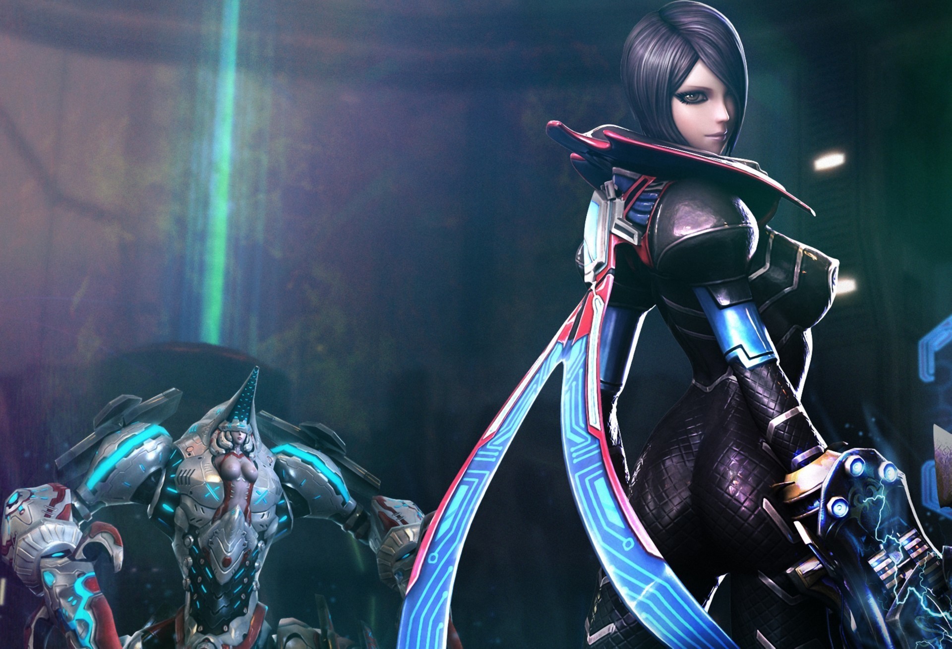 Female warrior and robot in futuristic armor HD Wallpaper