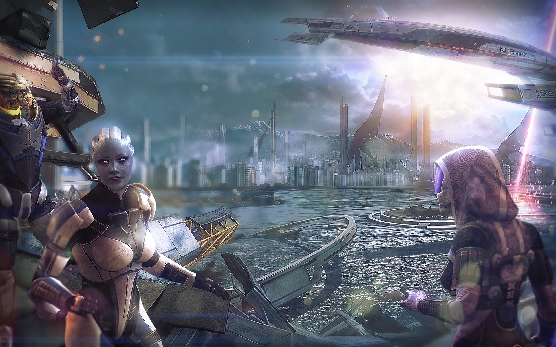 Mass Effect characters in a futuristic city HD Wallpaper