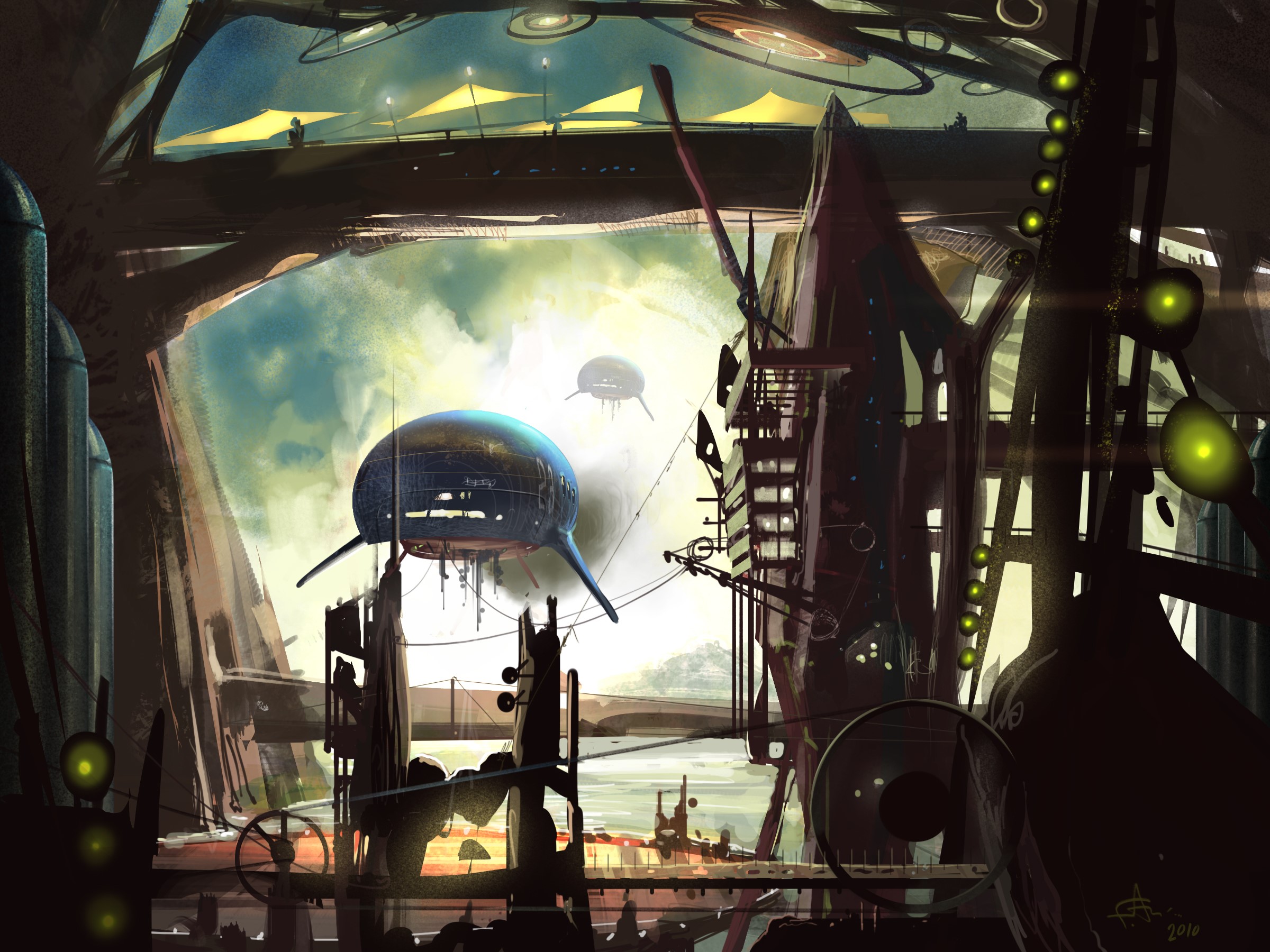 Futuristic city with flying ships and advanced architecture HD Wallpaper