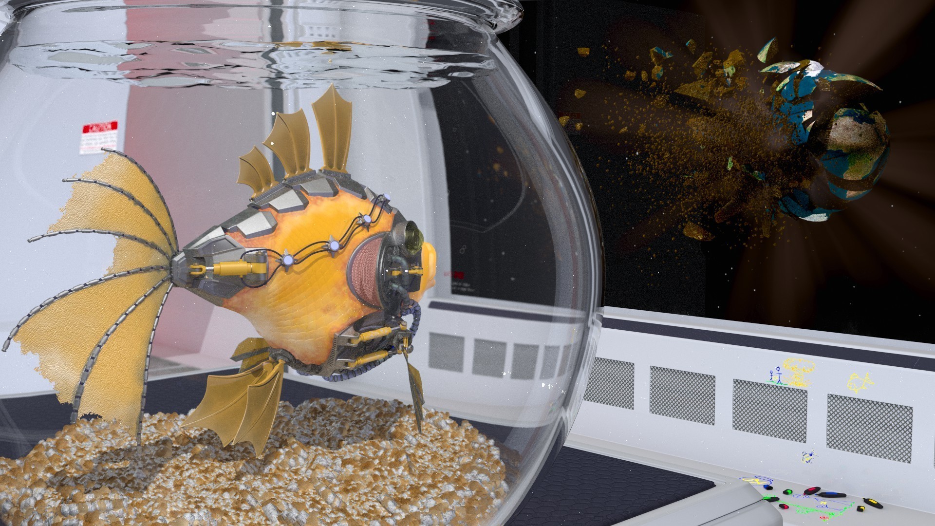 Robotic fish in a bowl exploding planet HD Wallpaper