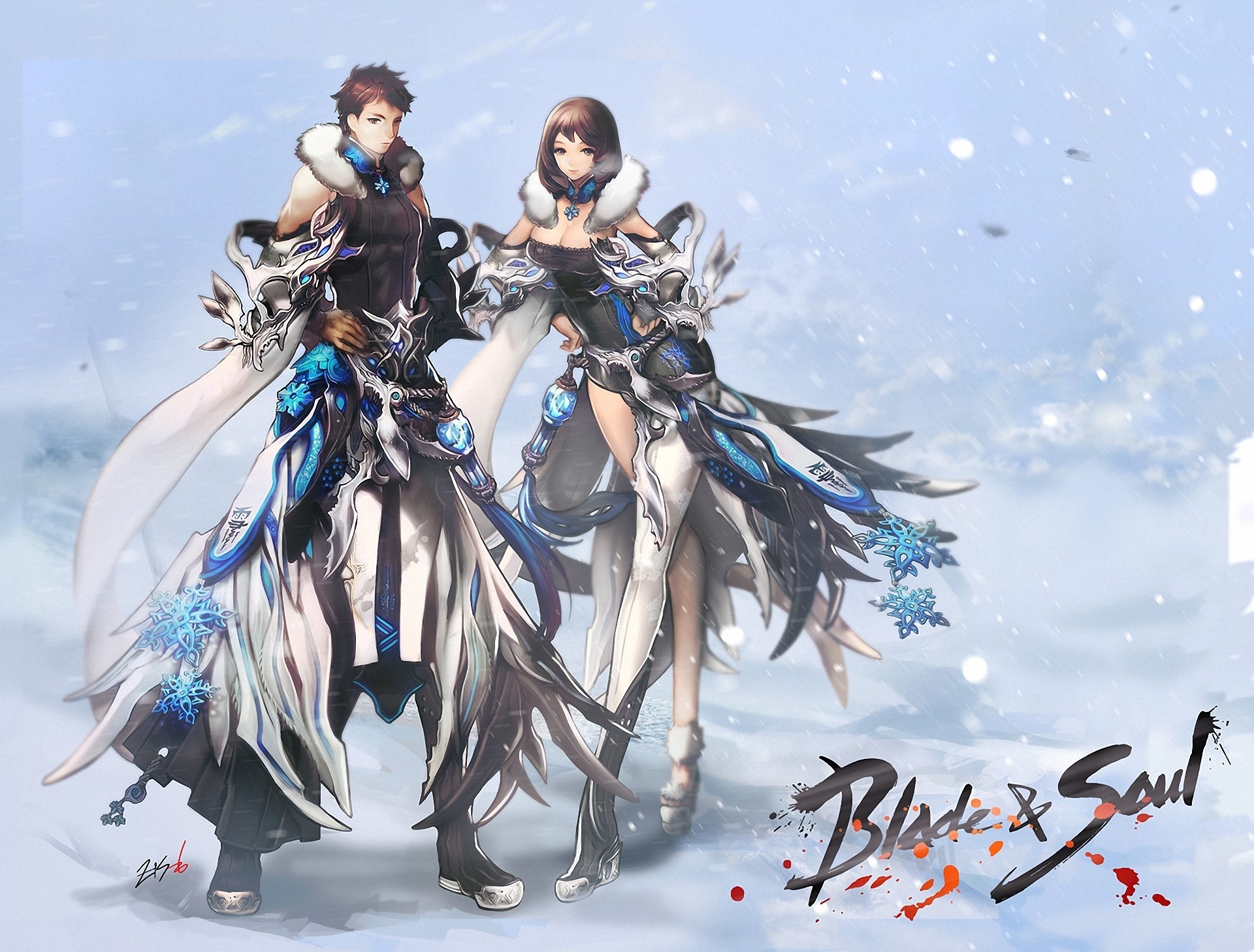 Blade & Soul male and female warriors in winter attire HD Wallpaper