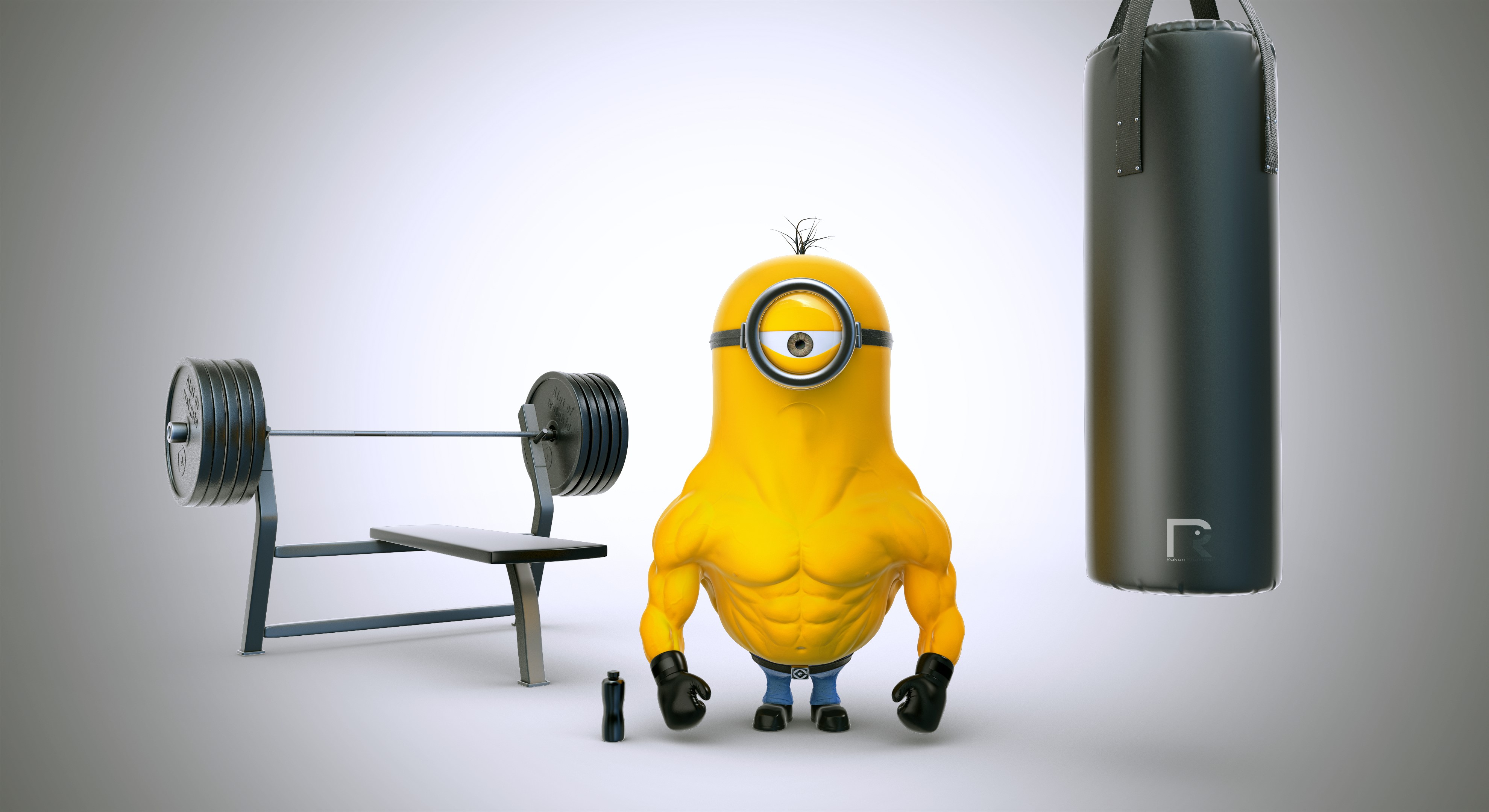 Minion Bodybuilder with Barbell and Punching Bag HD Wallpaper