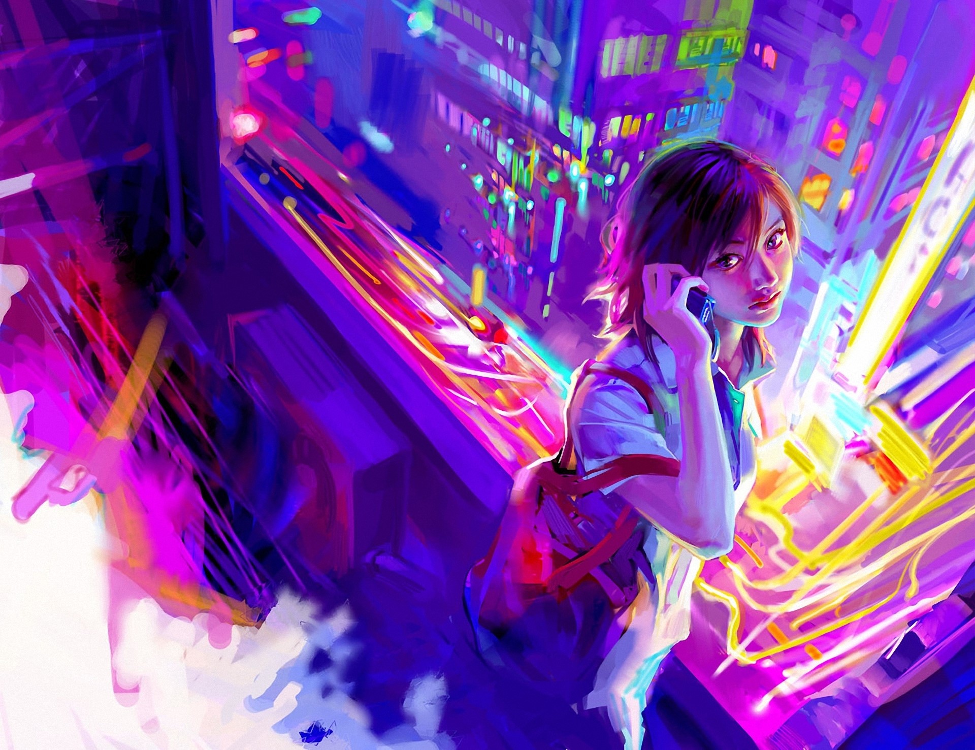 Painting of a girl on a phone in a neon city HD Wallpaper