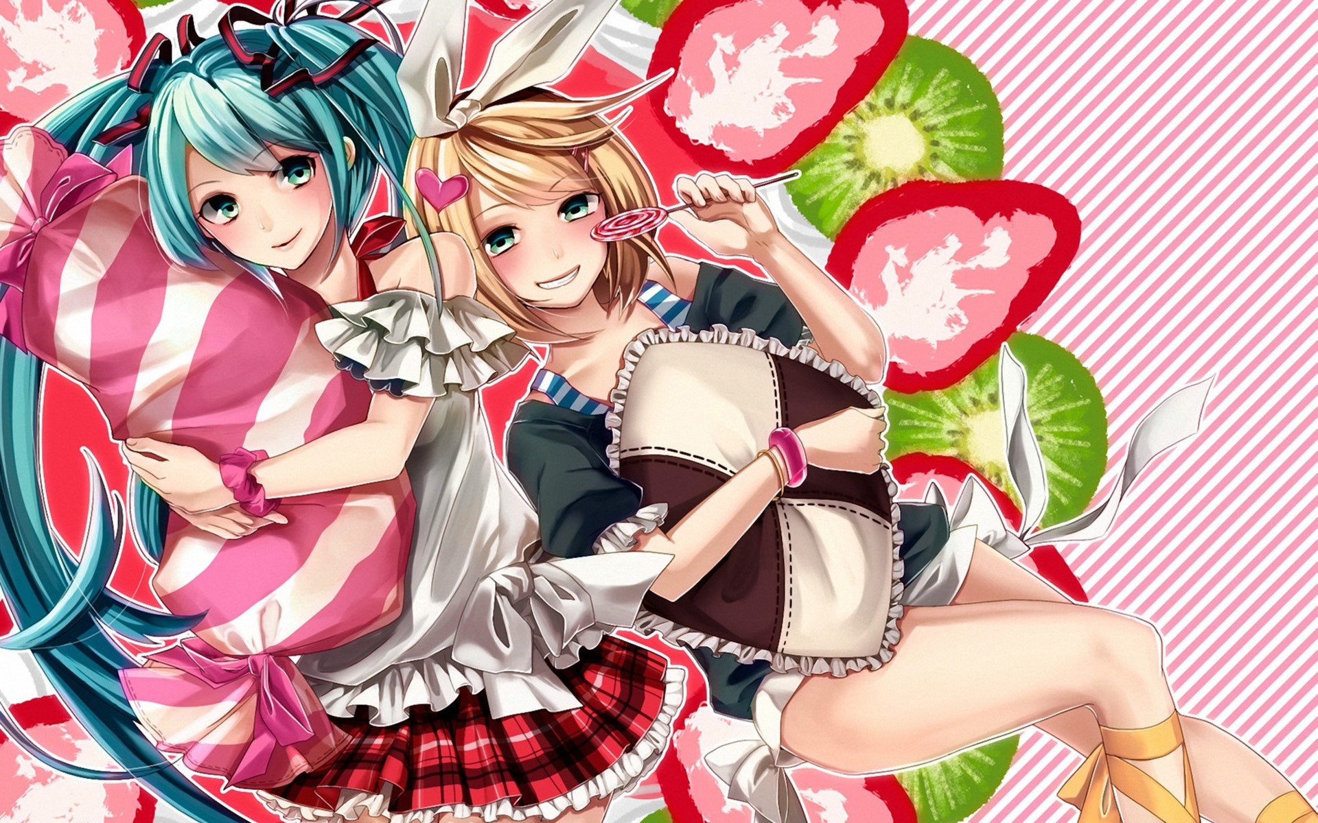 Hatsune Miku and Kagamine Rin with candy and fruit HD Wallpaper