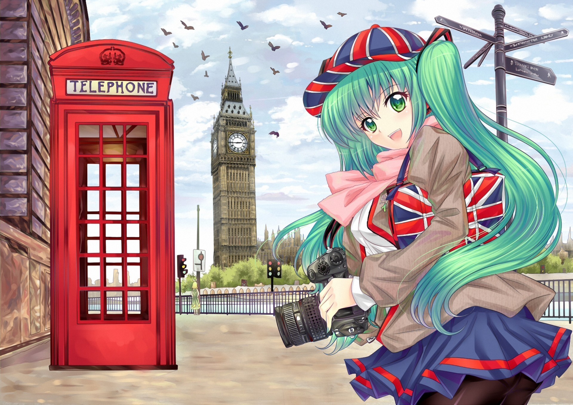 Anime girl with camera in London near Big Ben HD Wallpaper