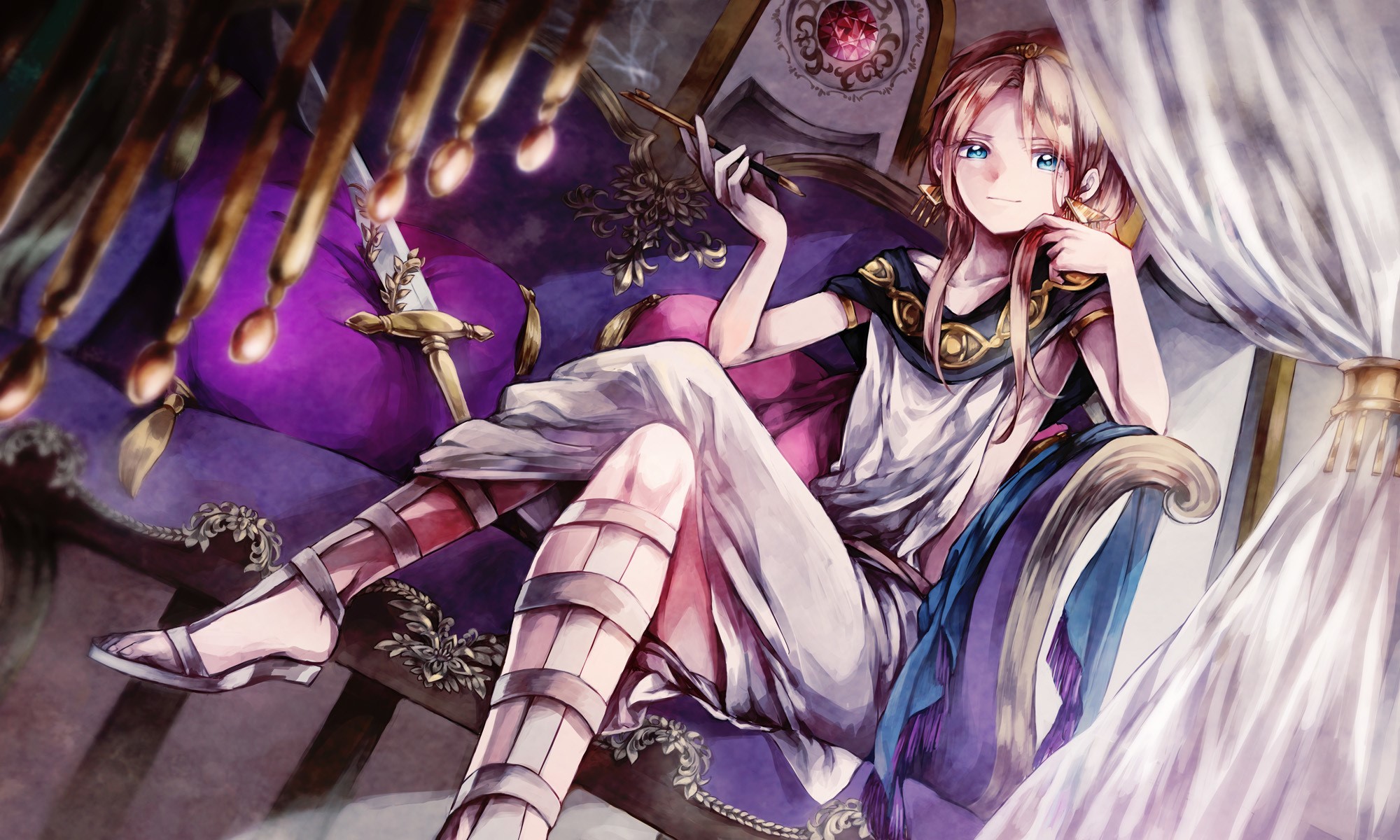 Anime character sitting on a purple sofa with a sword HD Wallpaper