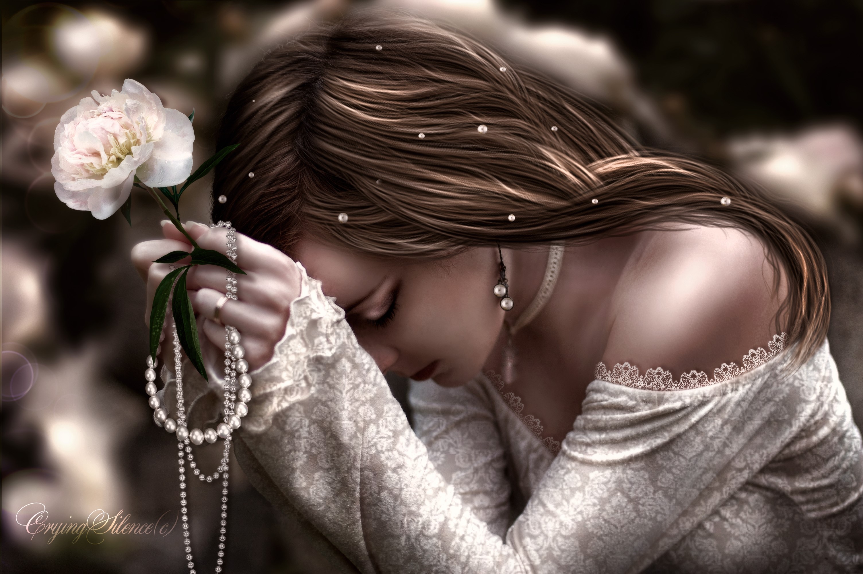 Painting of a sad woman with a flower and pearls HD Wallpaper