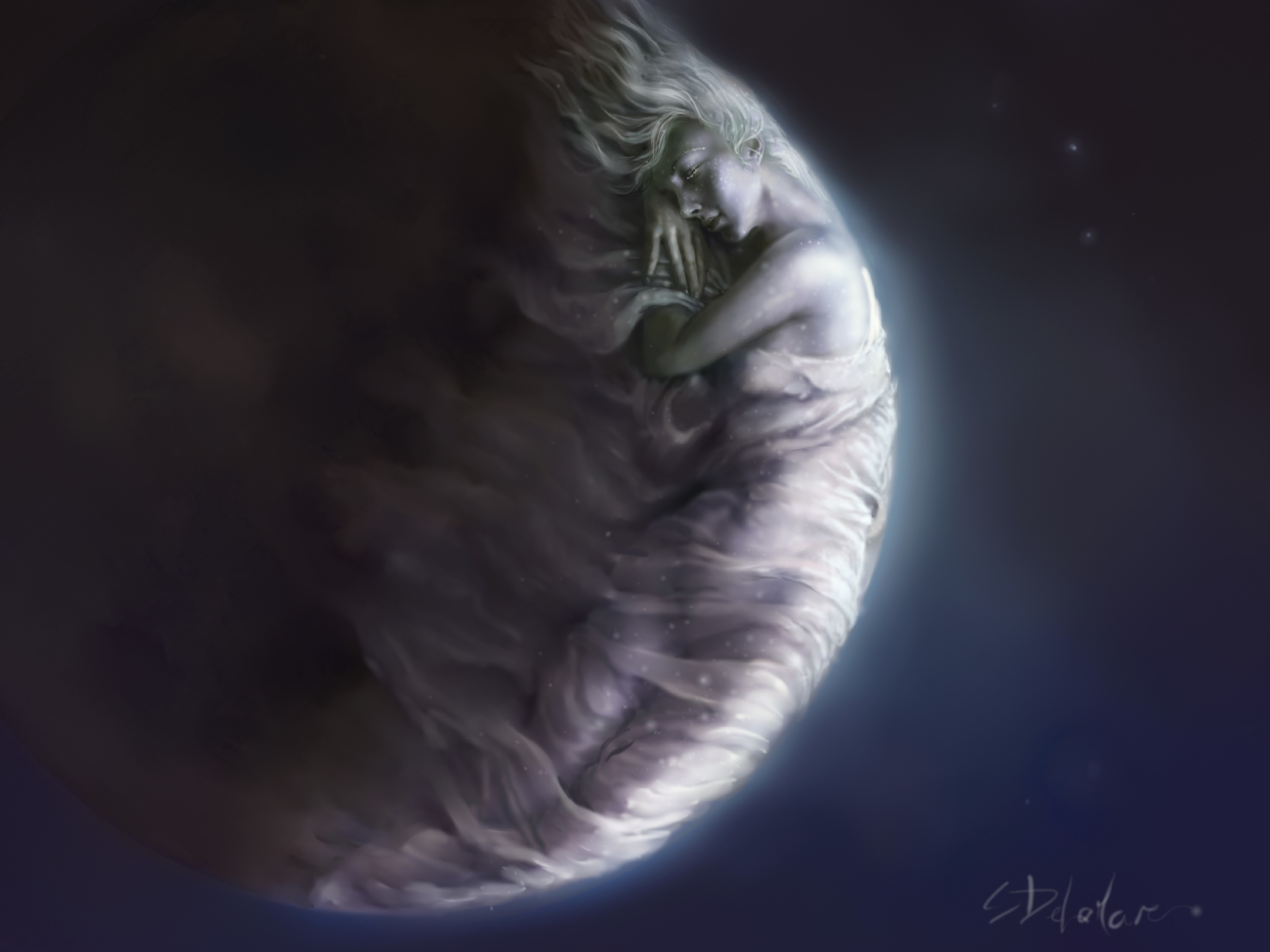 Woman sleeping on the moon HD Wallpaper