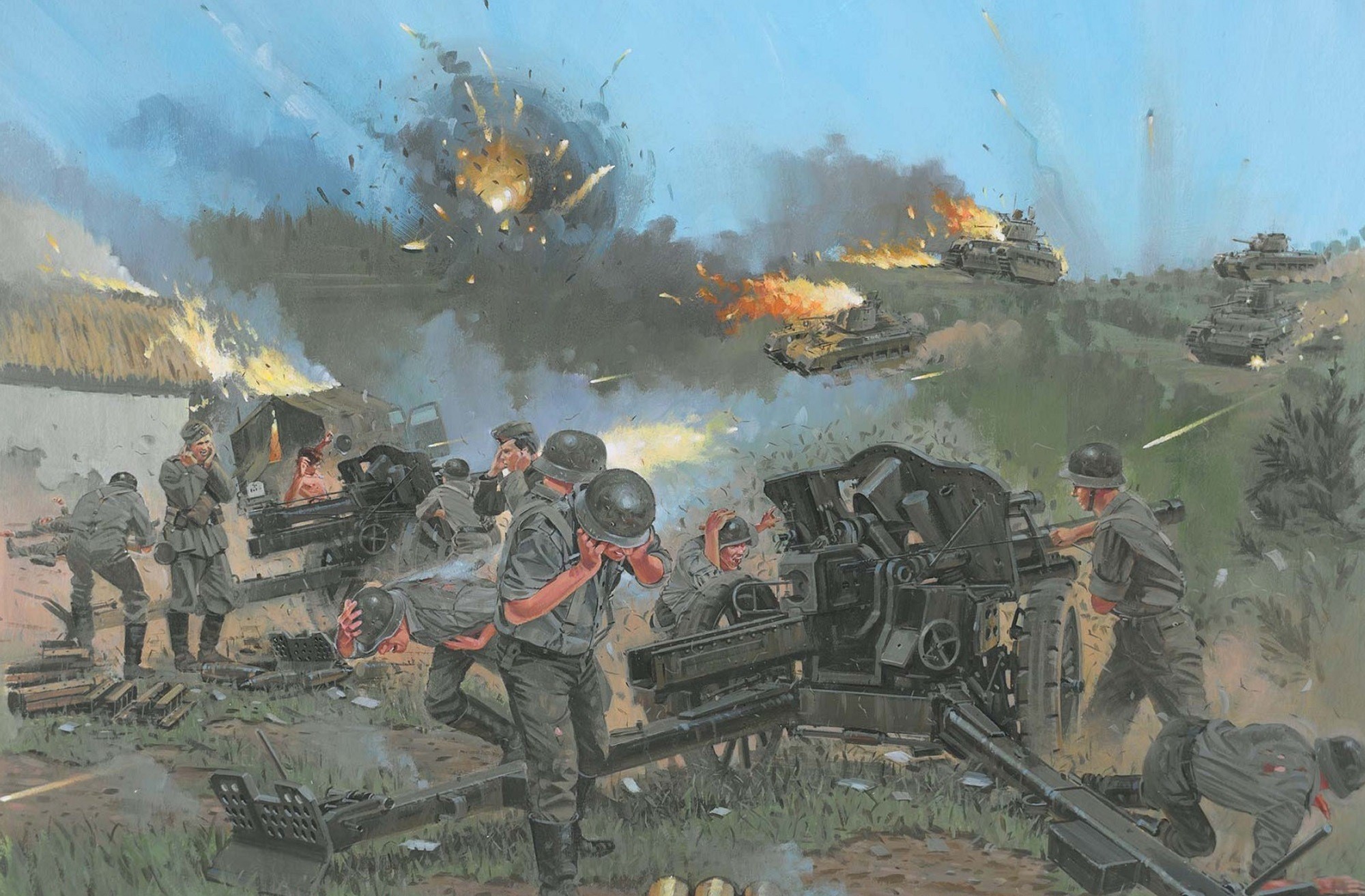 Soldiers firing a cannon during a battle with tanks HD Wallpaper
