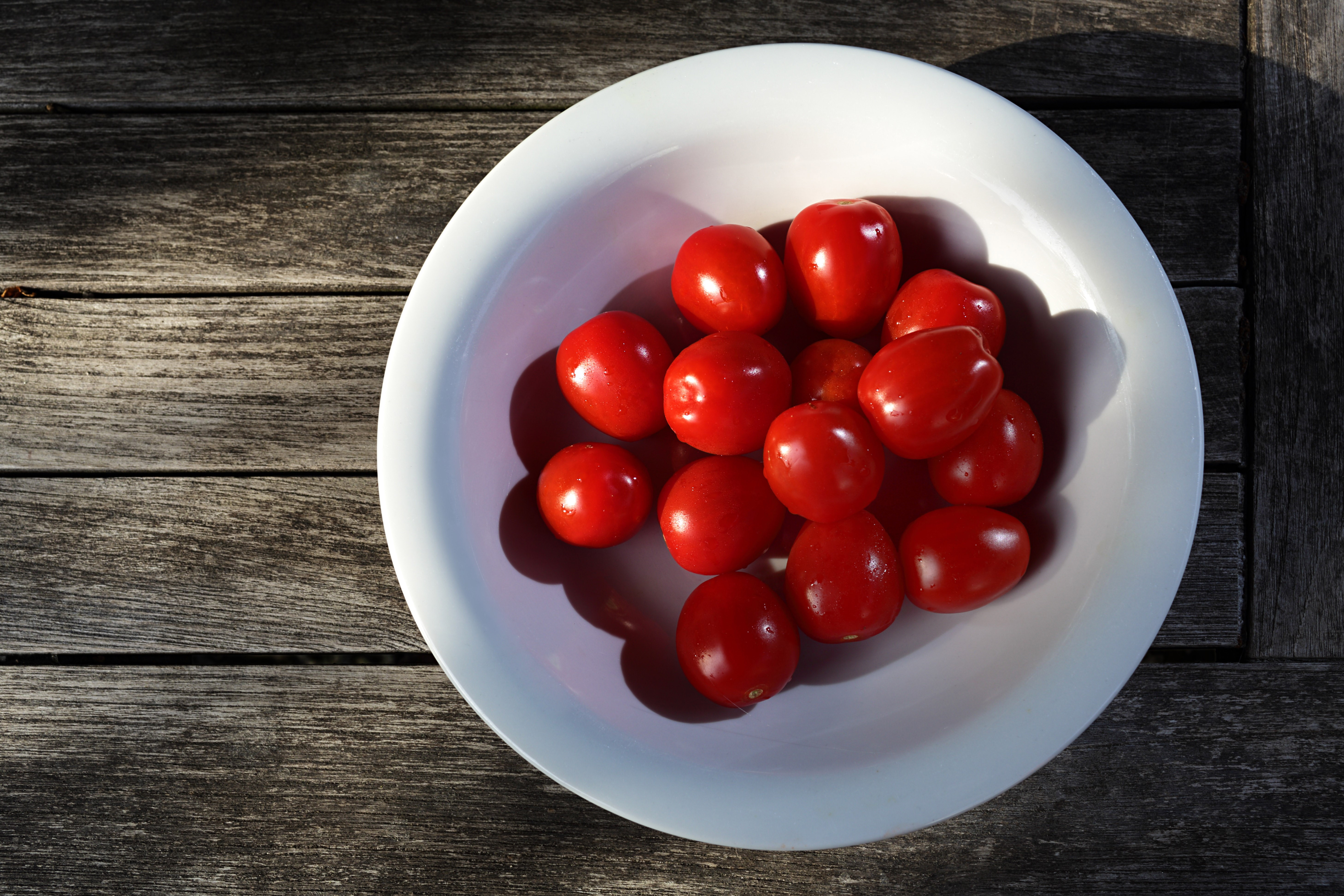 Tomatoes in a white bowl on wood planks HD Wallpaper