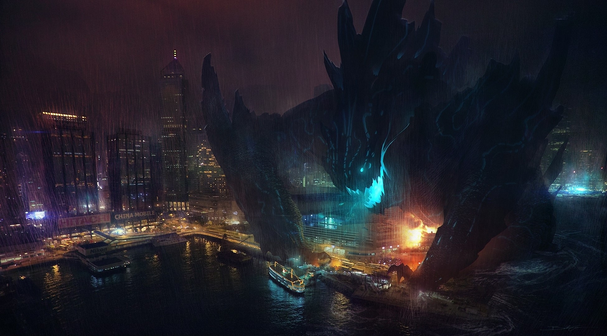 Kaiju attacking a city at night in the rain HD Wallpaper