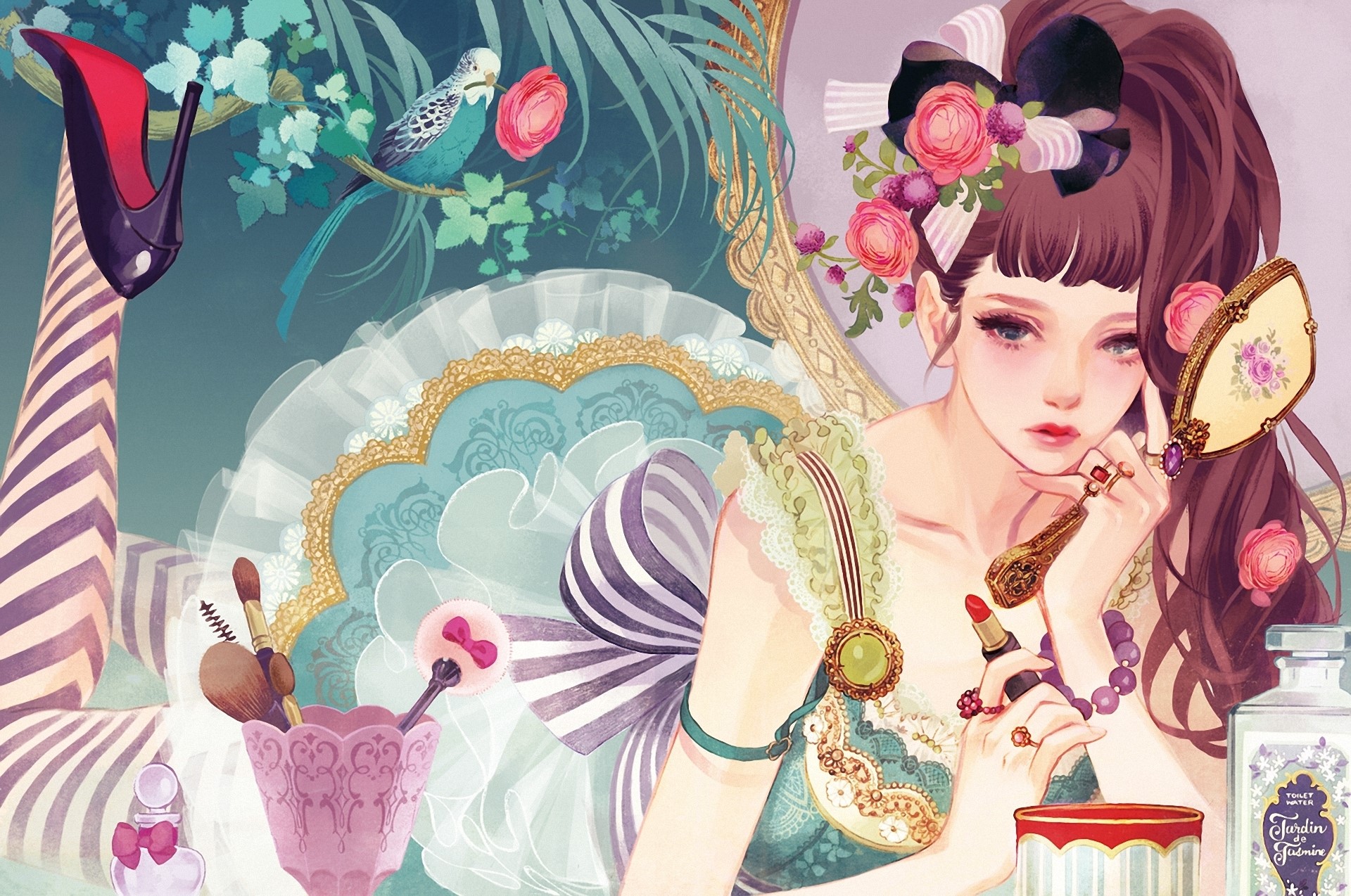 Painting of a woman with makeup and accessories HD Wallpaper