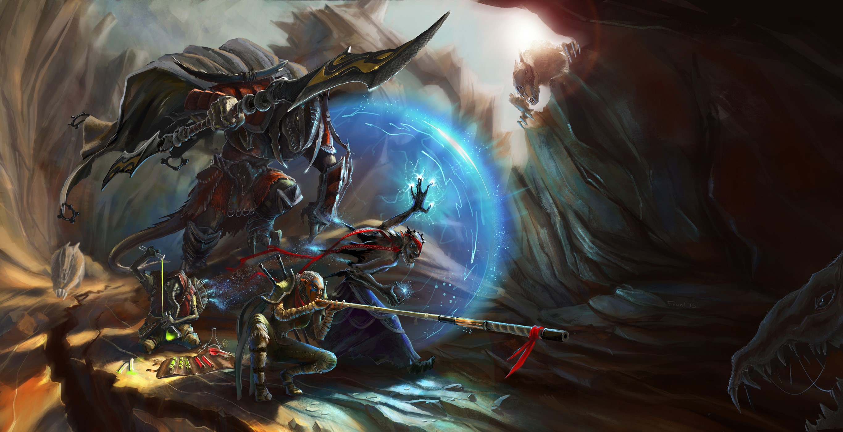 Warriors and supernatural beings in a cave with magic HD Wallpaper